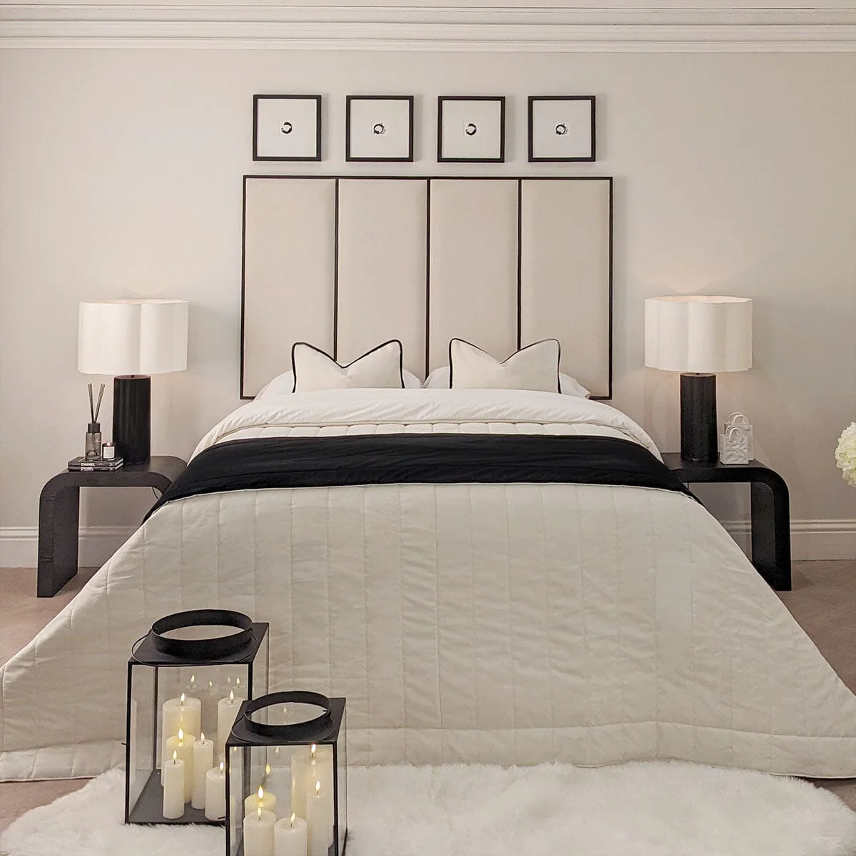 Elodie Premium Cream Velvet Headboard with Black Wooden Inlay - Image 3