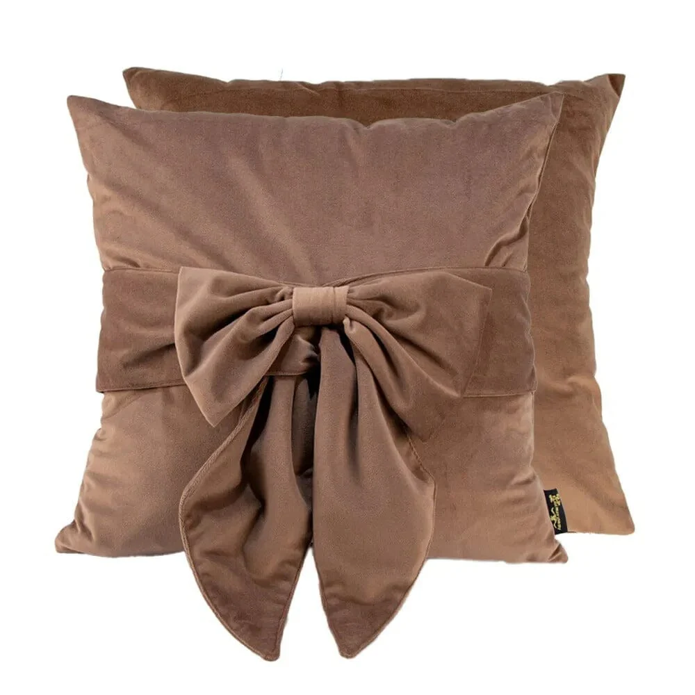 Erina Taupe Velvet Decorative Bow Cushion - 45x45cm - Image 2
