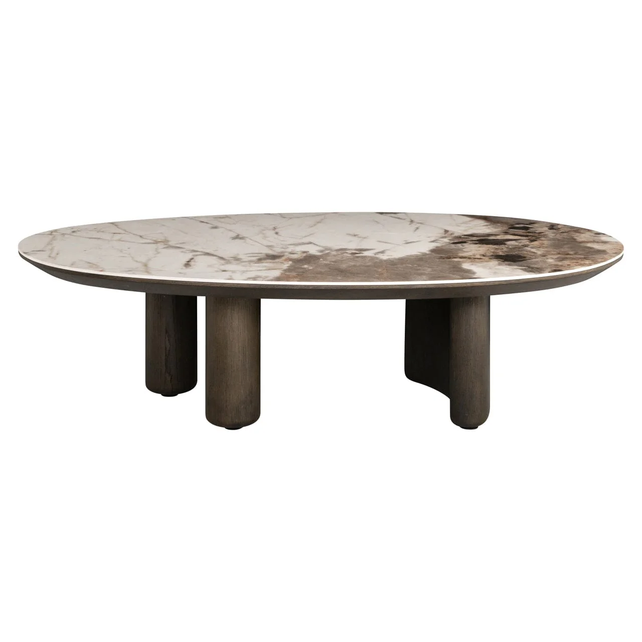 Estrille Brown Oak Veneer Oval Coffee Table with Faux Marble Top - Image 2