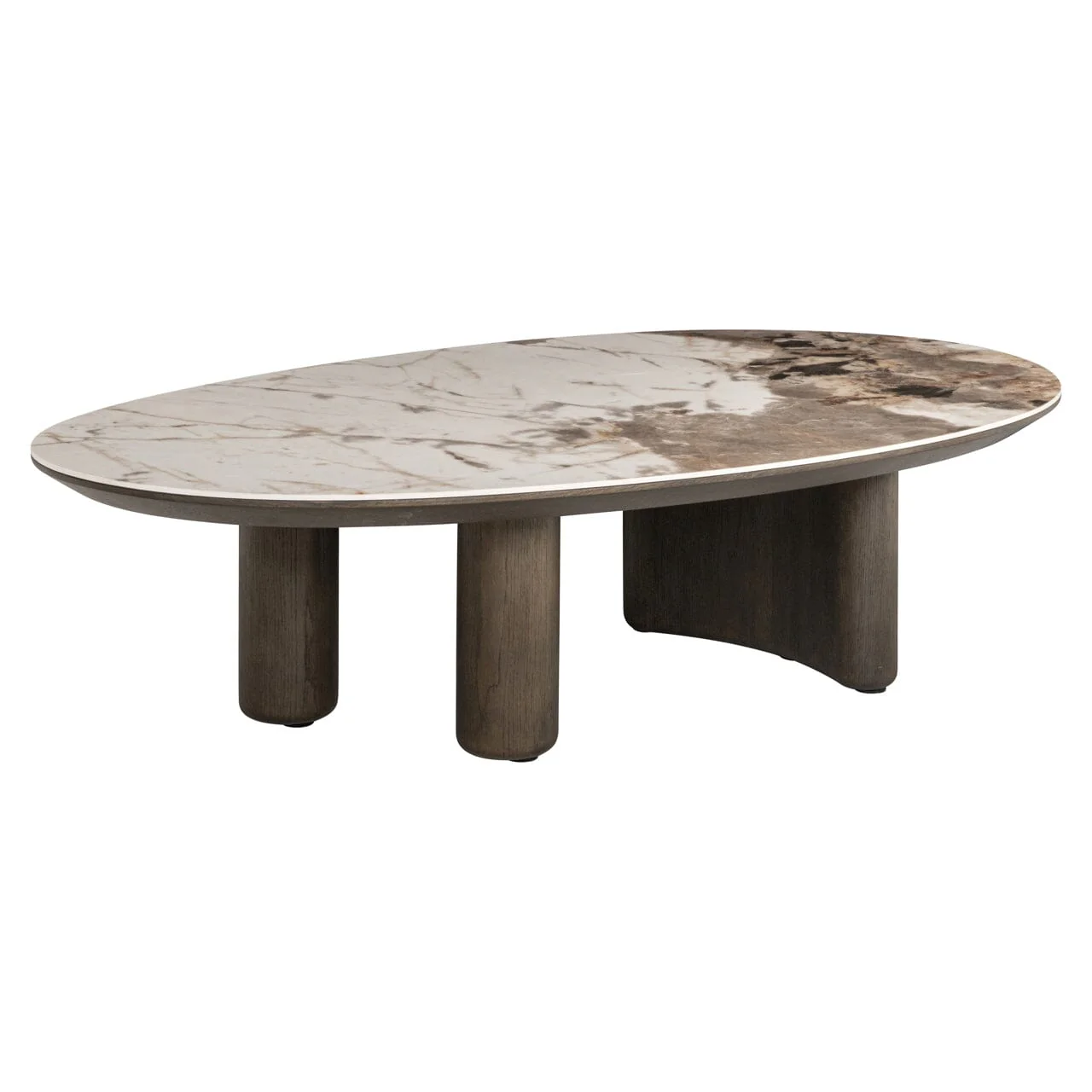 Estrille Brown Oak Veneer Oval Coffee Table with Faux Marble Top - Image 3