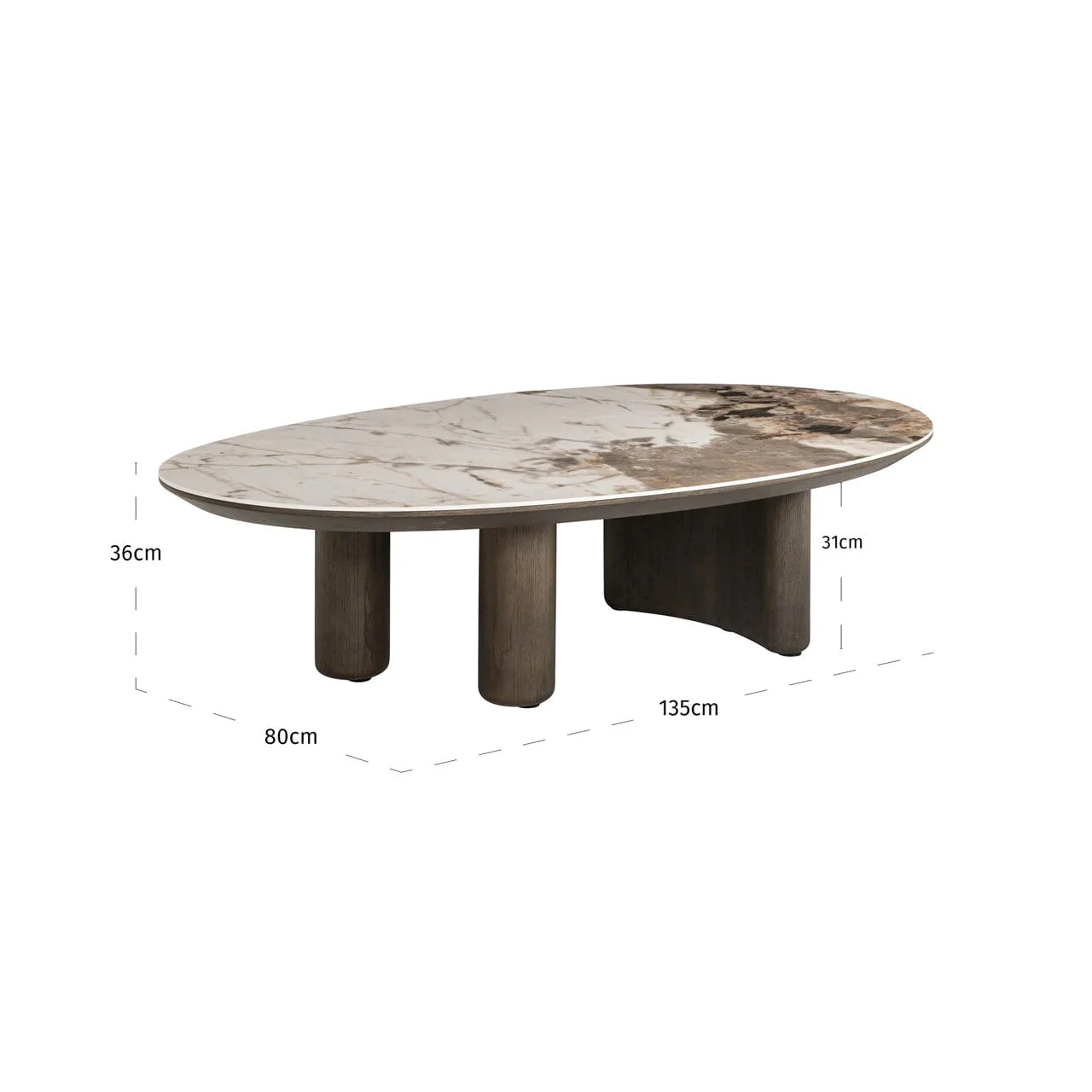 Estrille Brown Oak Veneer Oval Coffee Table with Faux Marble Top - Image 6