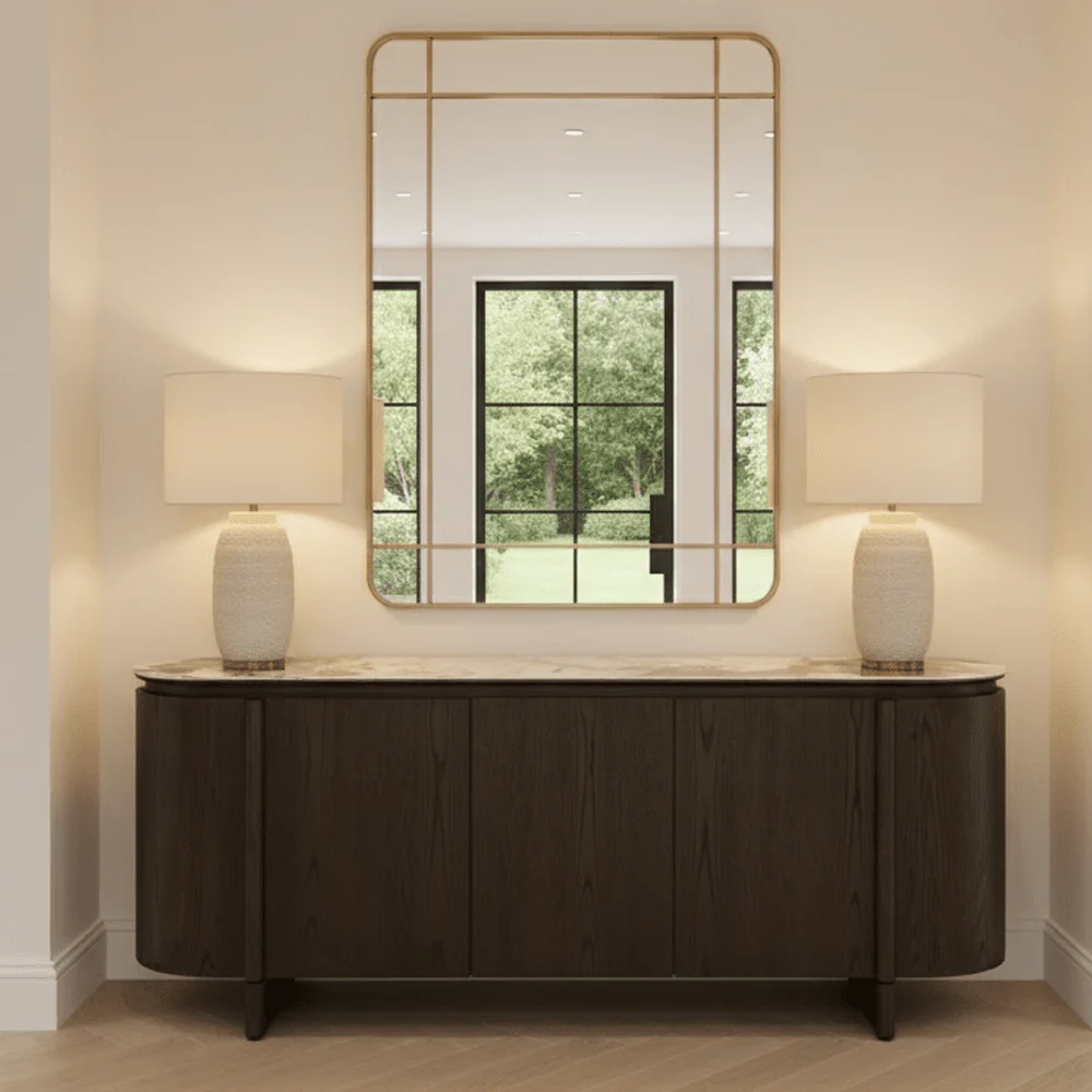 Estrille Brown Oak Veneer Oval Sideboard with Faux Marble Top