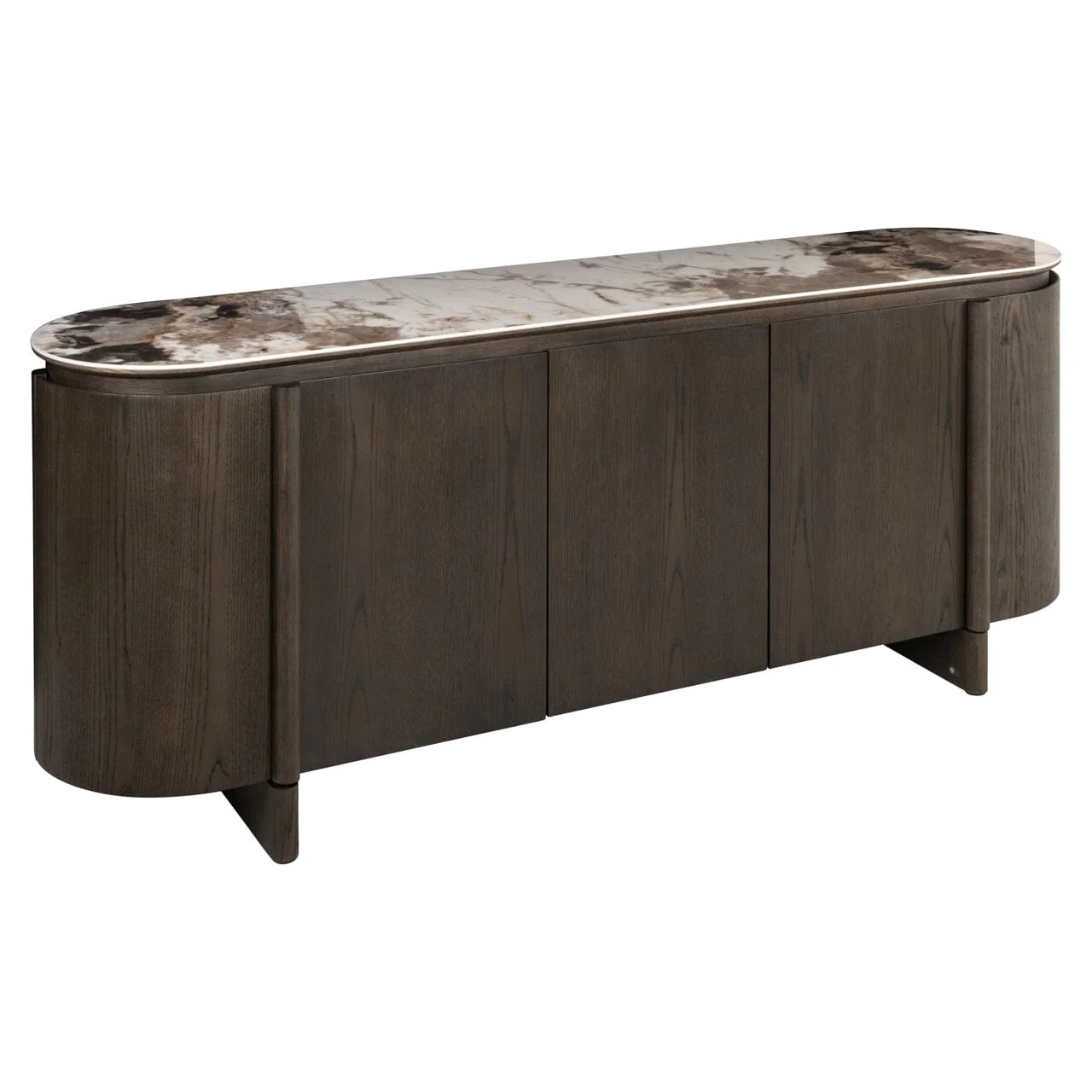 Estrille Brown Oak Veneer Oval Sideboard with Faux Marble Top - Image 3