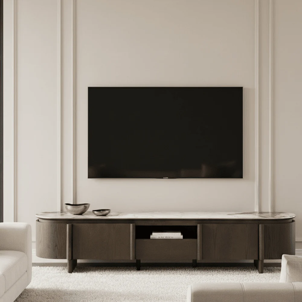 Estrille Brown Oak Veneer Oval TV Unit with Faux Marble Top