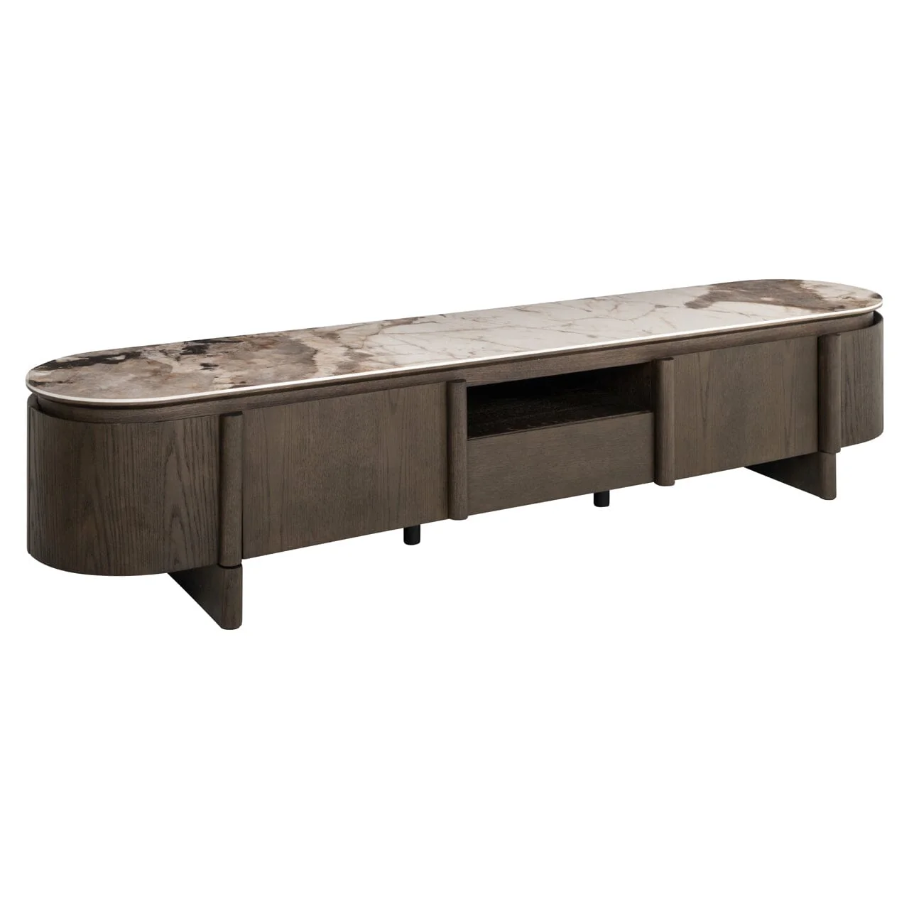 Estrille Brown Oak Veneer Oval TV Unit with Faux Marble Top - Image 2