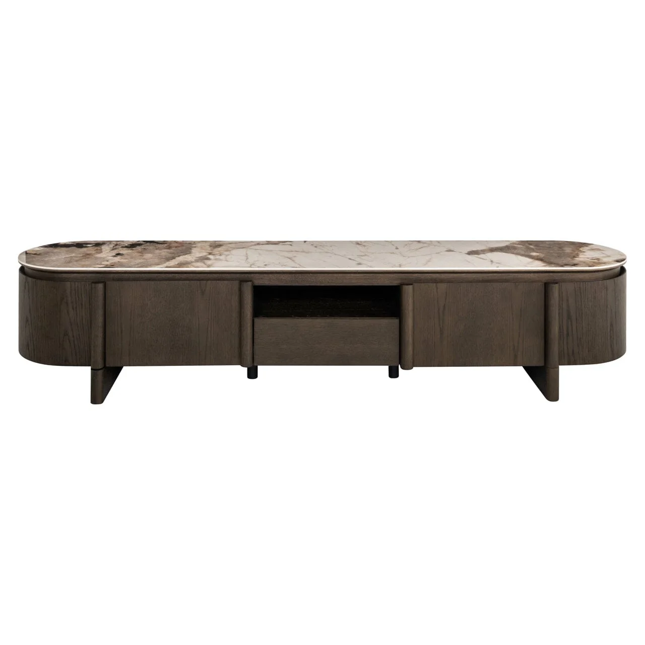 Estrille Brown Oak Veneer Oval TV Unit with Faux Marble Top - Image 3