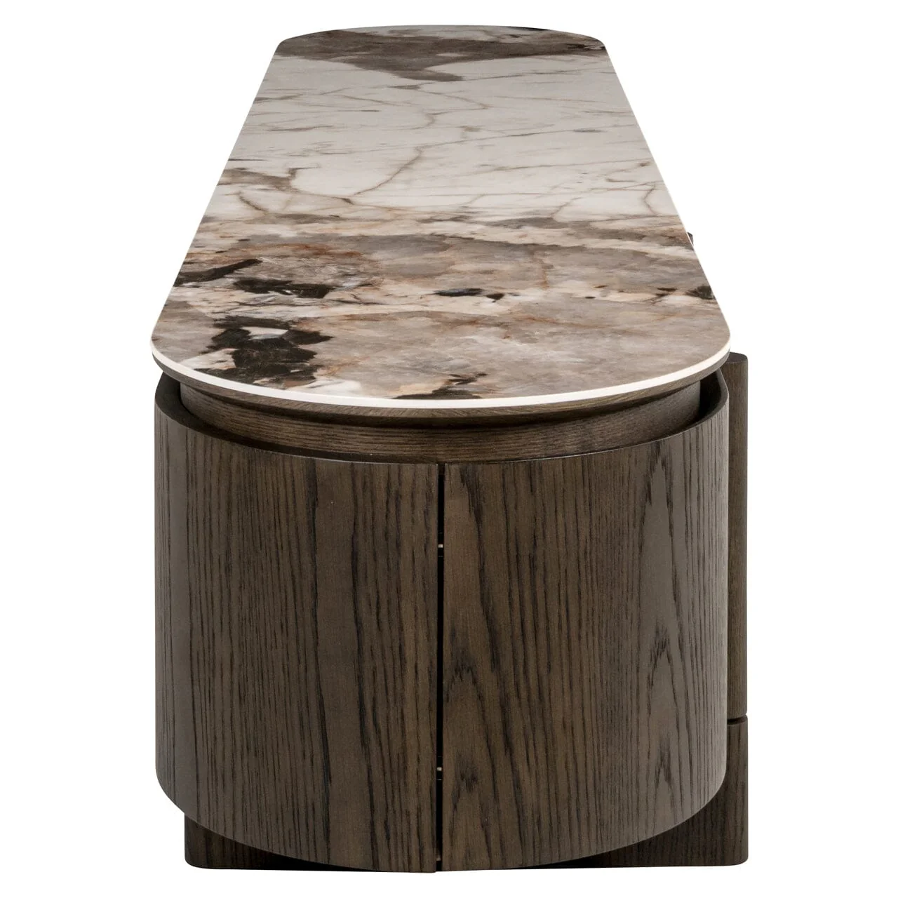 Estrille Brown Oak Veneer Oval TV Unit with Faux Marble Top - Image 4
