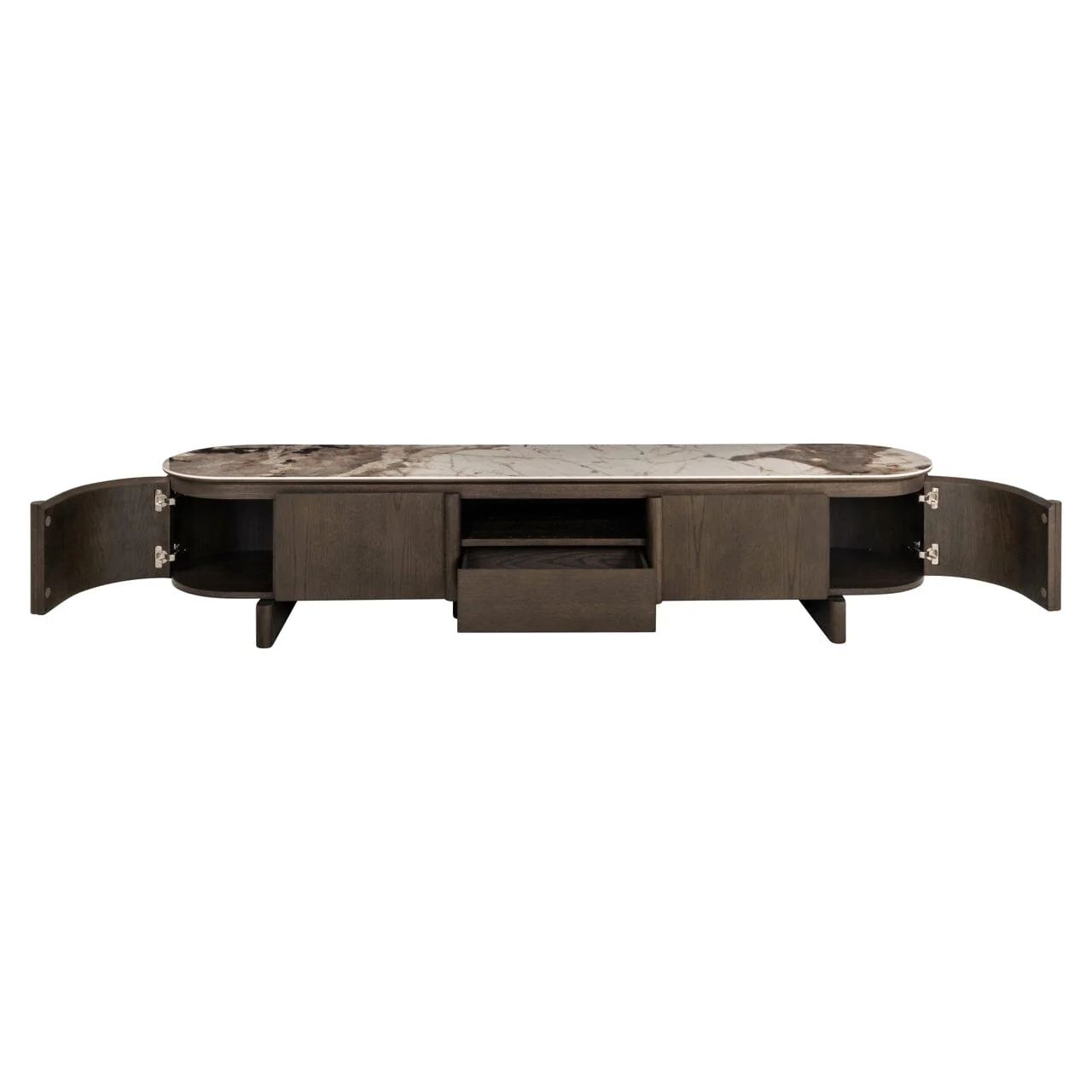 Estrille Brown Oak Veneer Oval TV Unit with Faux Marble Top - Image 5