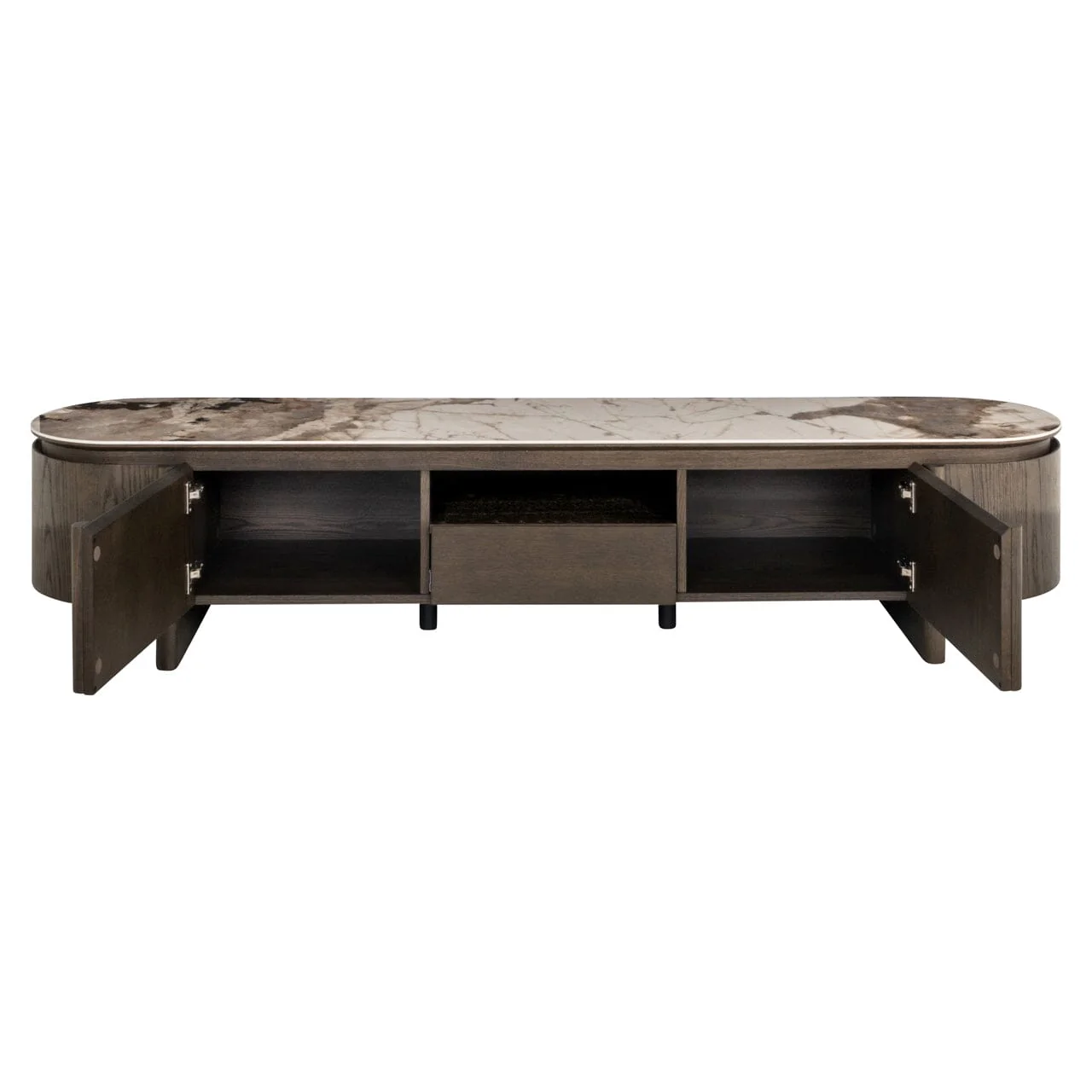 Estrille Brown Oak Veneer Oval TV Unit with Faux Marble Top - Image 6