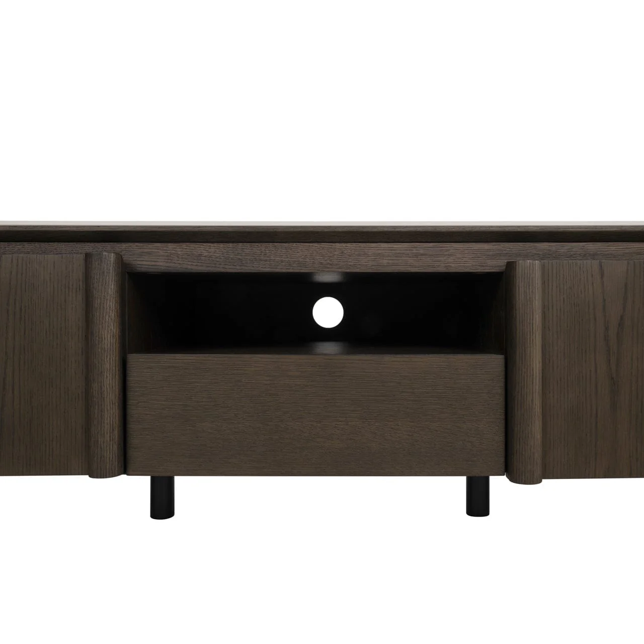 Estrille Brown Oak Veneer Oval TV Unit with Faux Marble Top - Image 8