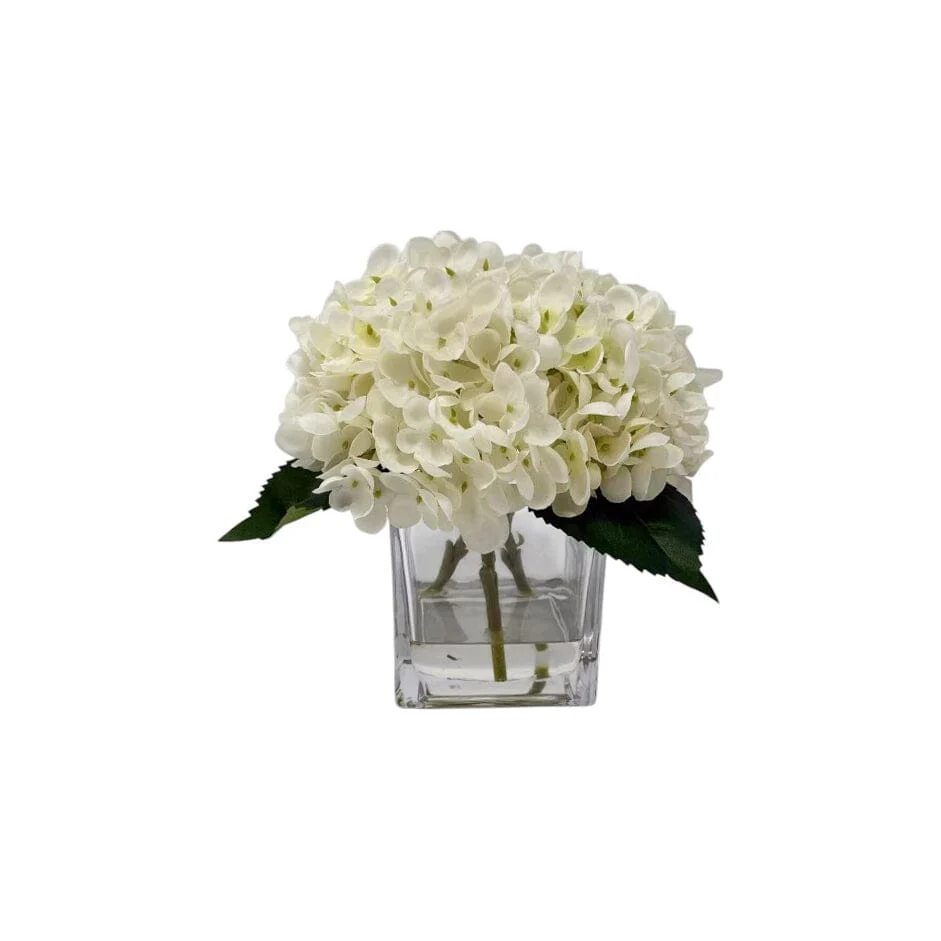 Faux Cream Hydrangeas Floral Arrangement in Square Glass Vase - Image 2