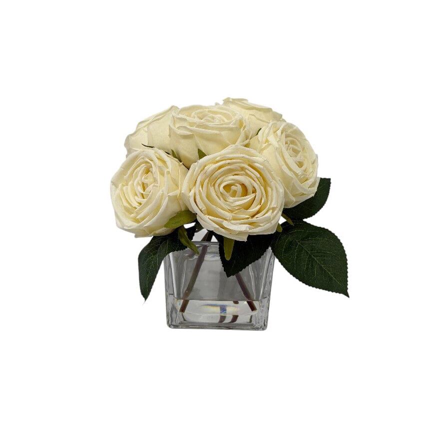 Faux Cream Rose Floral Arrangement in Square Glass Vase - Image 2