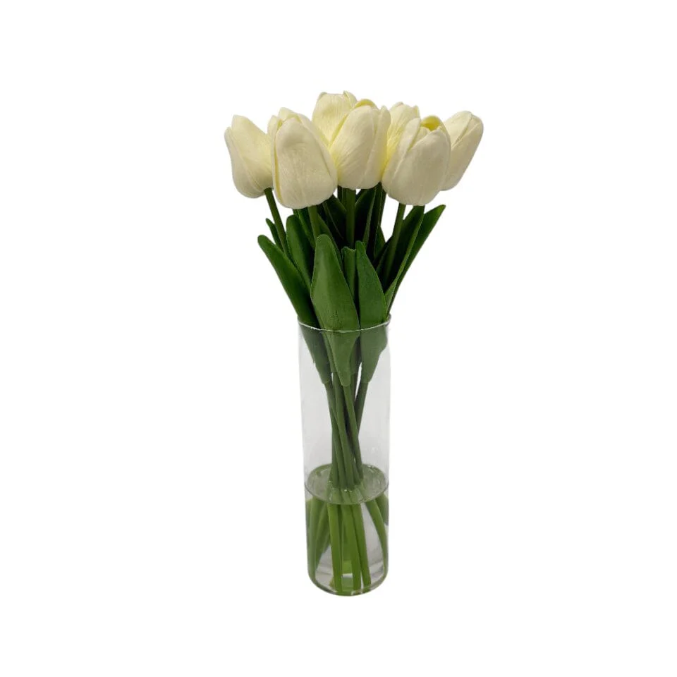 Faux Cream Tulip Floral Arrangement in Tall Glass Vase - Image 2