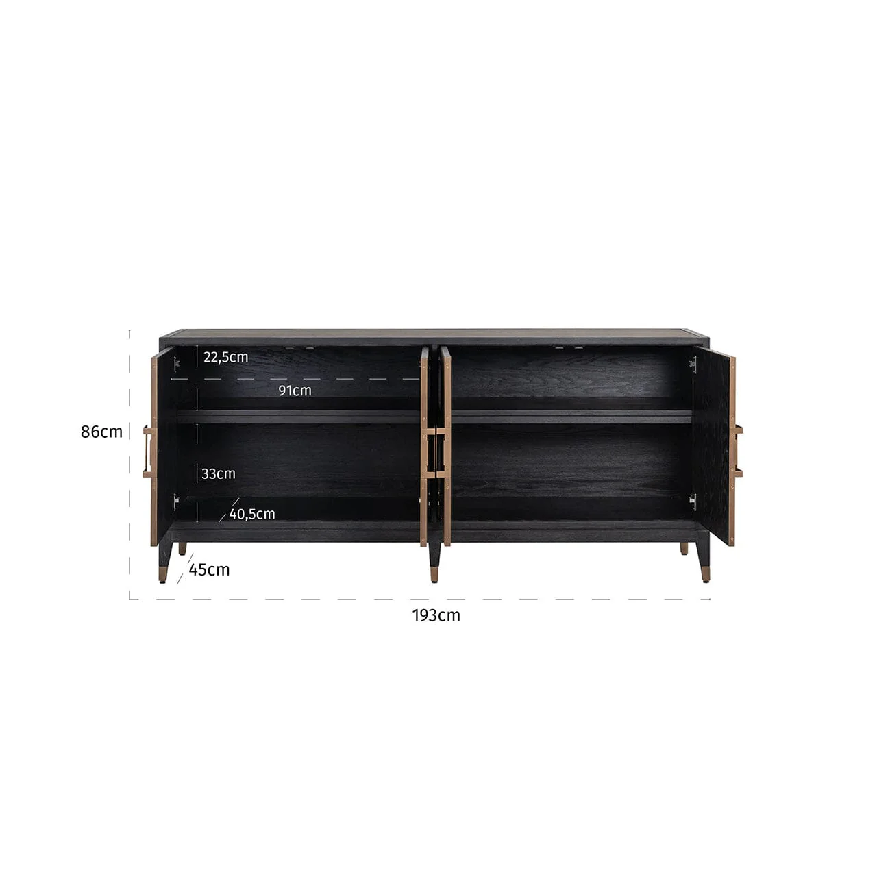 Felicia Luxury Black Wood & Shagreen 4 Door Sideboard with Brass Handles - Image 8