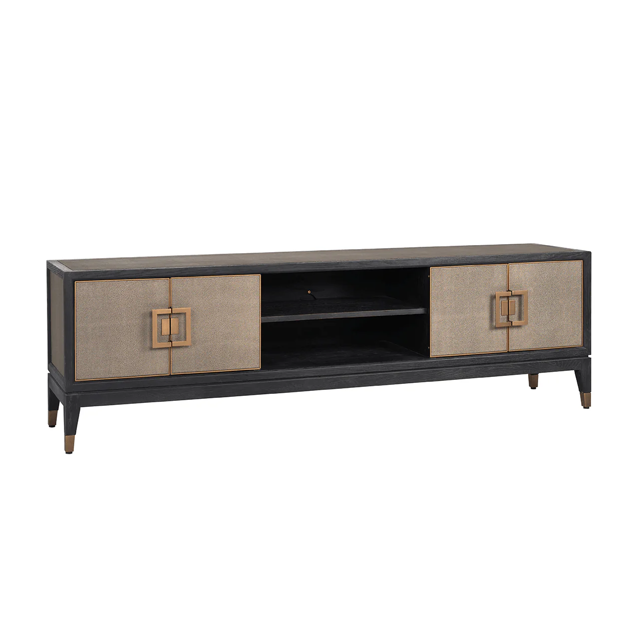 Felicia Luxury Black Wood & Shagreen 4 Door TV Unit with Brass Handles - Image 2