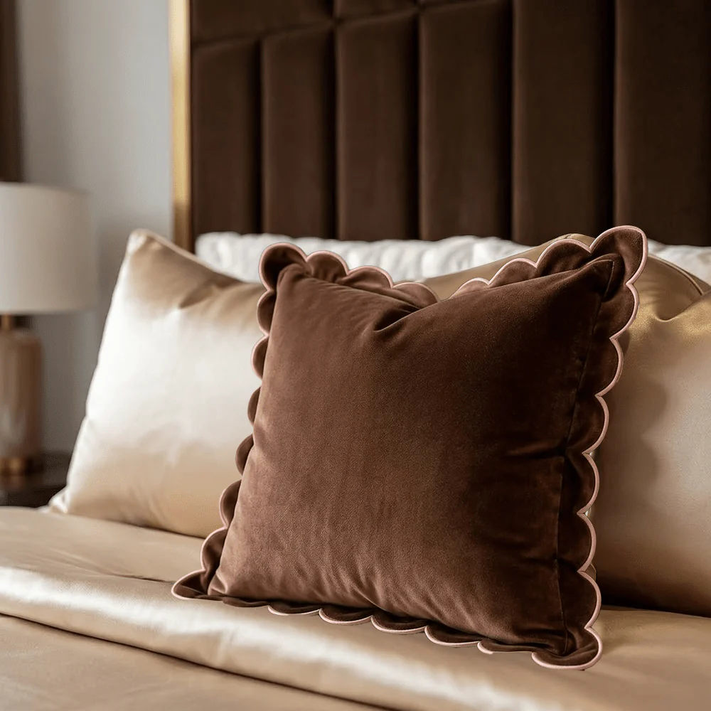 Fiore Brown Velvet Scalloped Edge Cushion with Pink Trim- 45x45cm