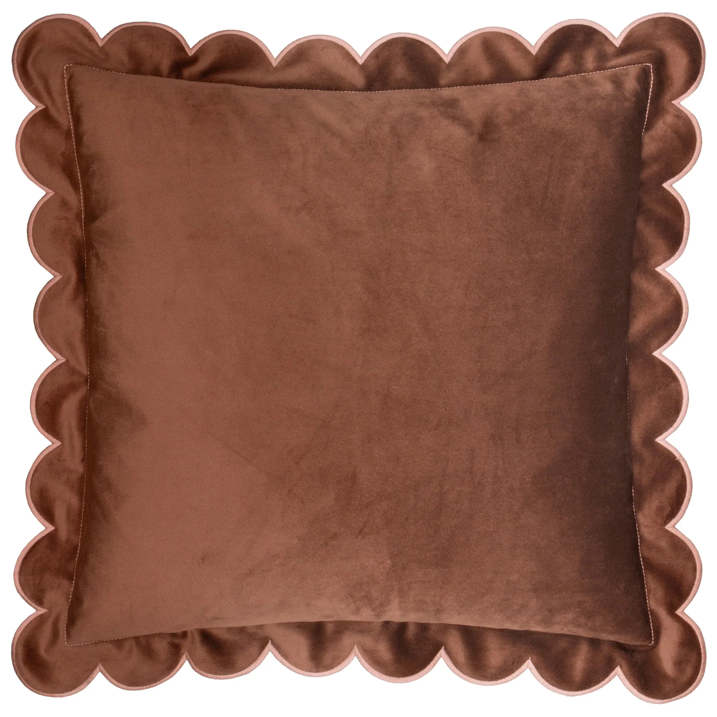 Fiore Brown Velvet Scalloped Edge Cushion with Pink Trim- 45x45cm - Image 2