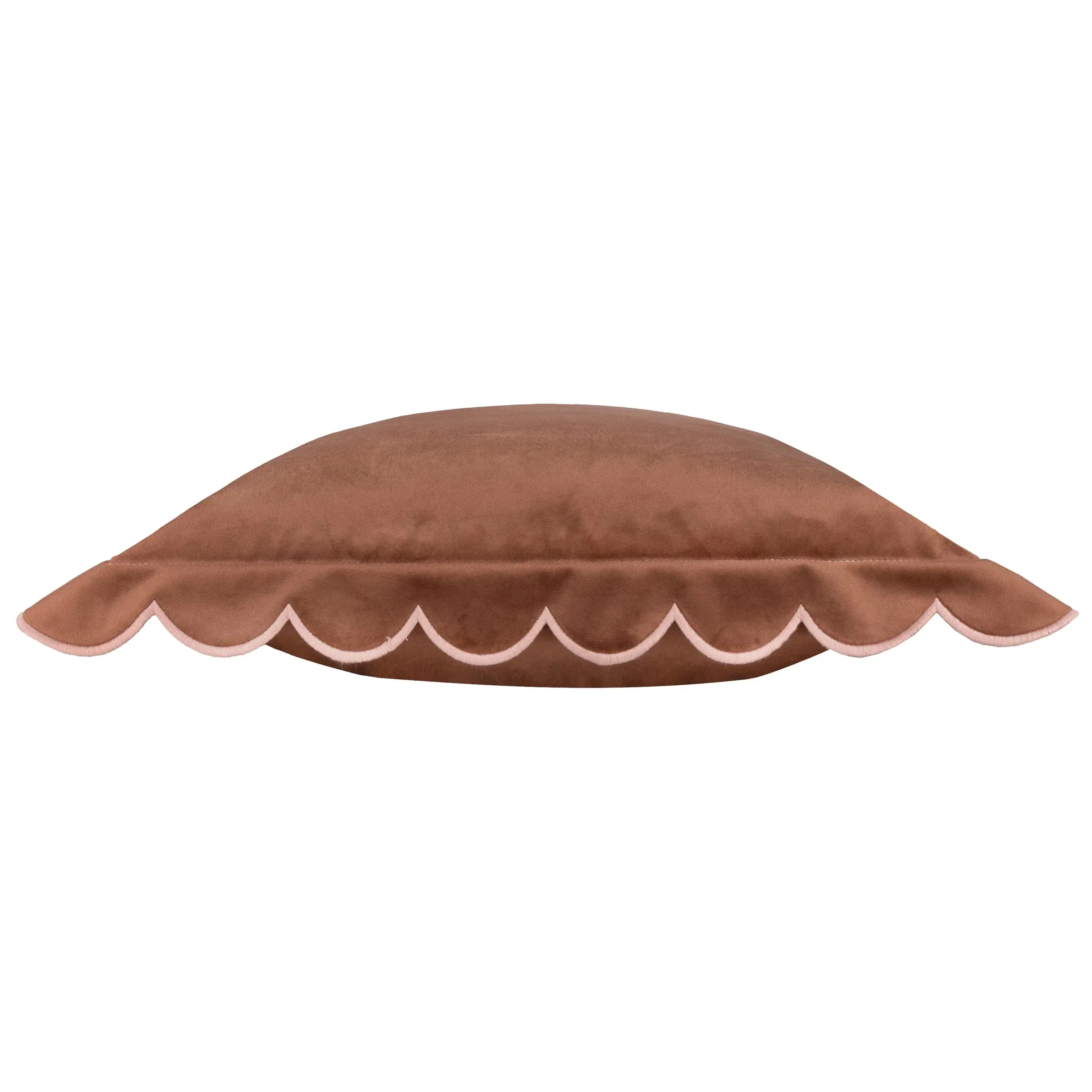 Fiore Brown Velvet Scalloped Edge Cushion with Pink Trim- 45x45cm - Image 3