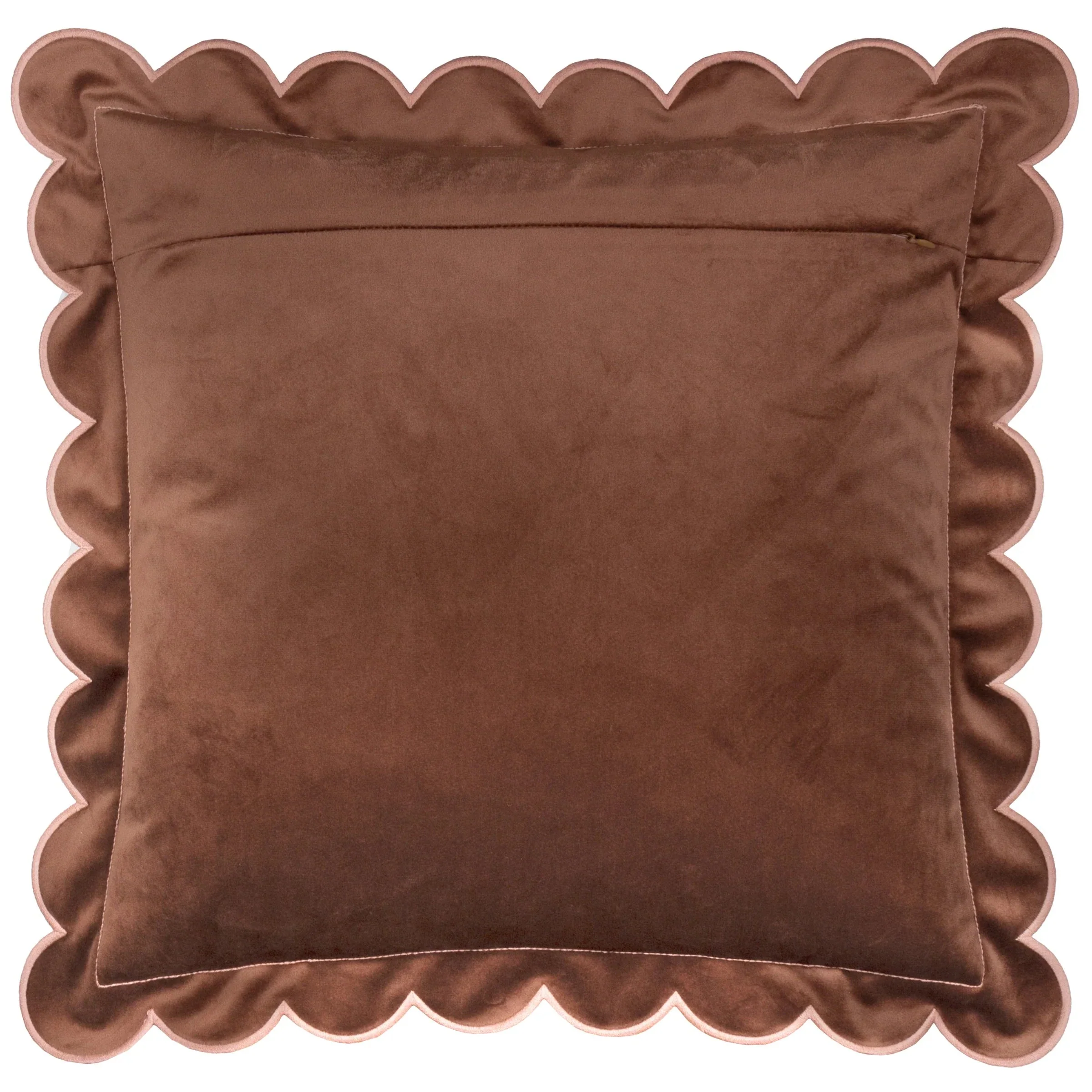 Fiore Brown Velvet Scalloped Edge Cushion with Pink Trim- 45x45cm - Image 4