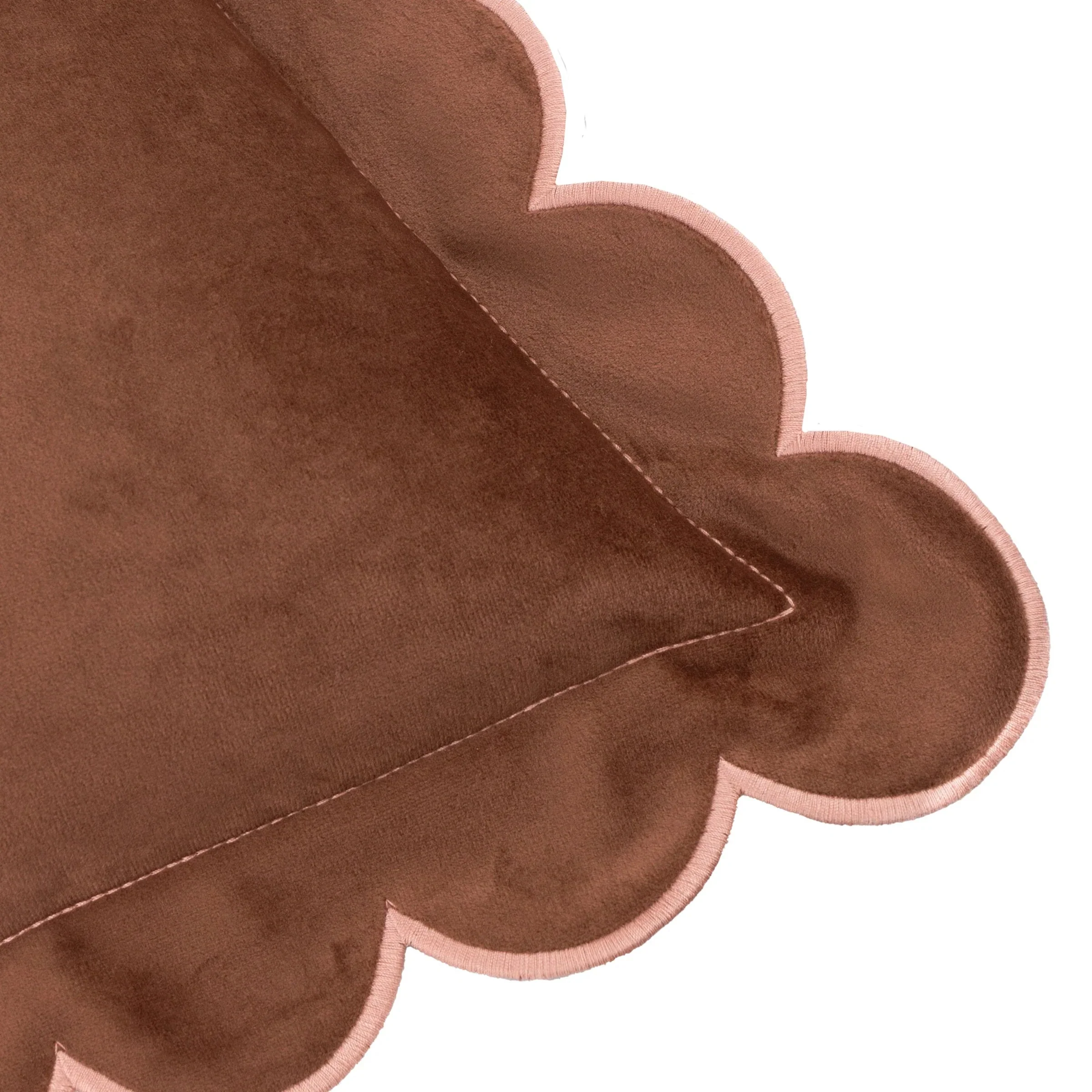 Fiore Brown Velvet Scalloped Edge Cushion with Pink Trim- 45x45cm - Image 5