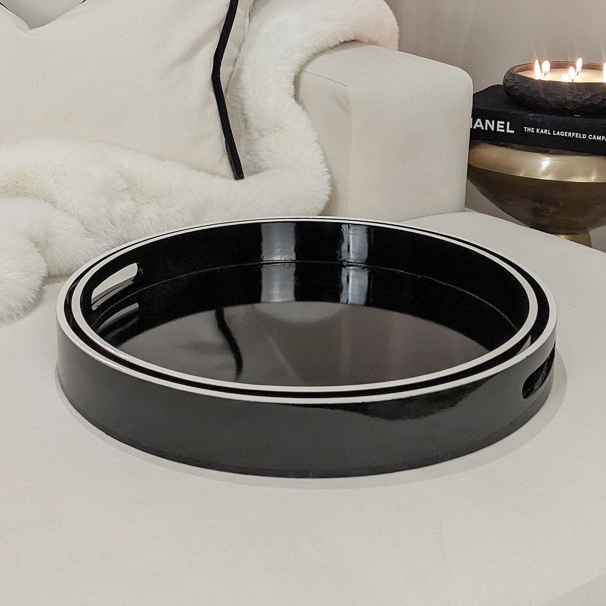 Fleur Black & White Decorative Round Trays - Set of 2 - Image 2