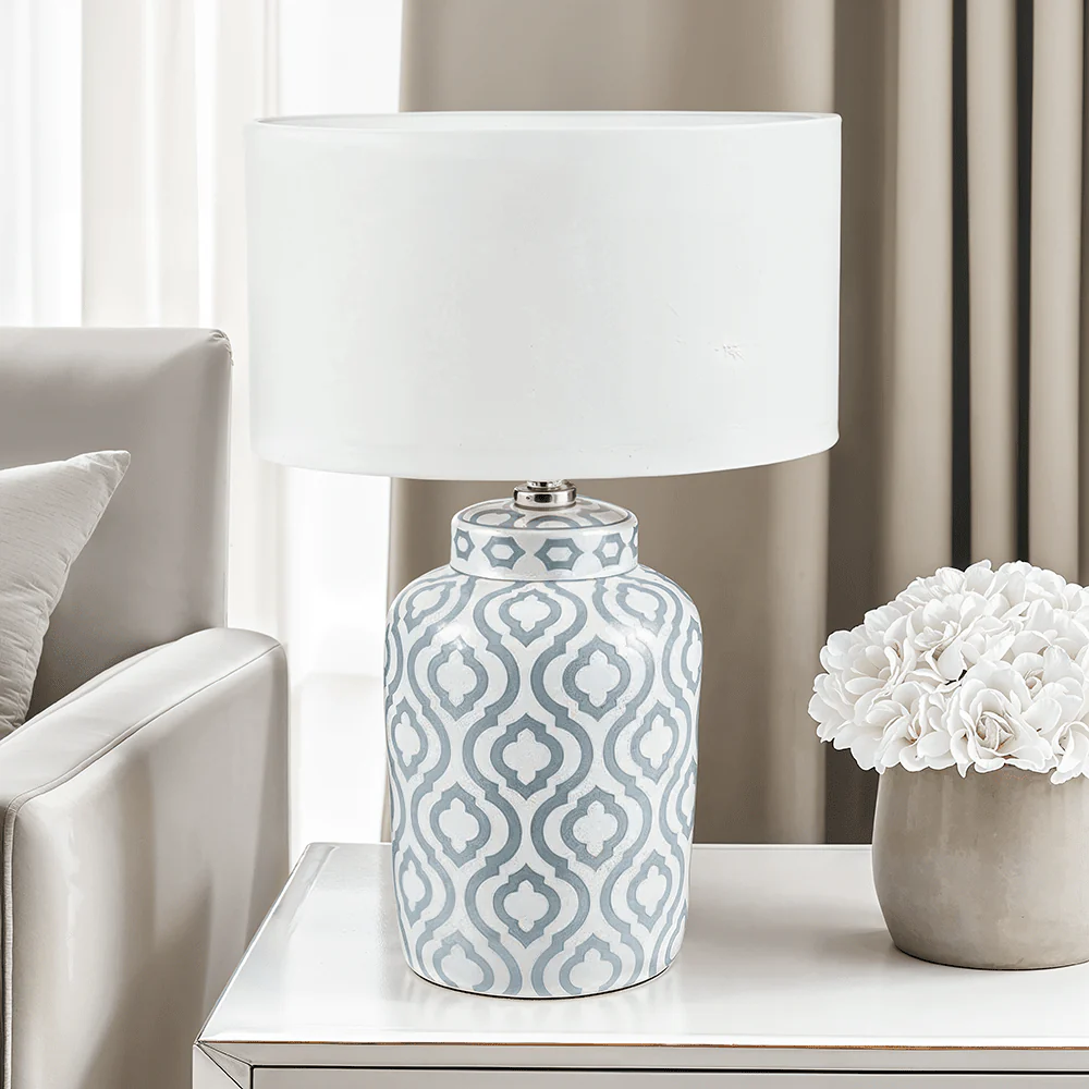 Gatsby Grey & White Patterned Ceramic Table Lamp with White Shade