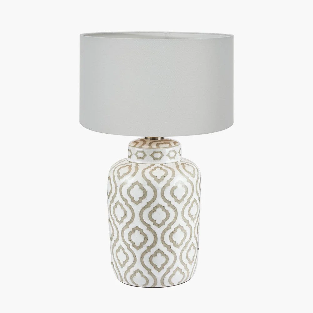 Gatsby Taupe & White Patterned Ceramic Table Lamp with White Shade - Image 2
