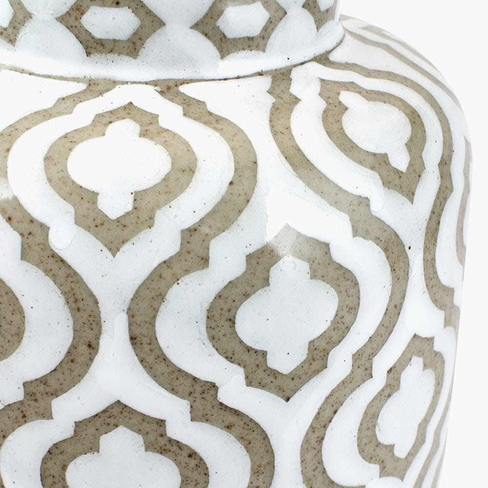 Gatsby Taupe & White Patterned Ceramic Table Lamp with White Shade - Image 4