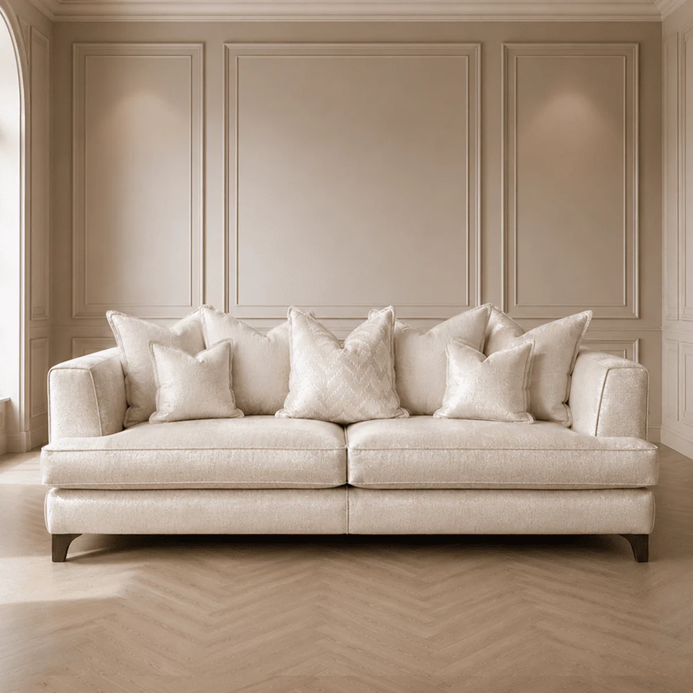Gisele Oyster Textured Chenille, Pillowback Sofa Range With Walnut Legs