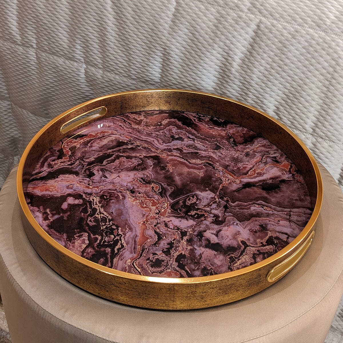 Gnache Bronze & Burgundy Round Marble Effect Decorative Tray - Image 2