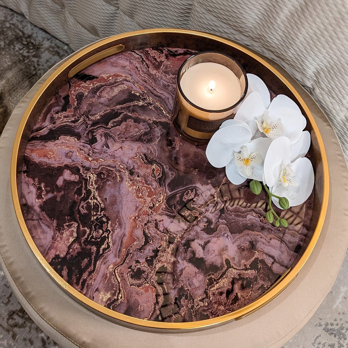 Gnache Bronze & Burgundy Round Marble Effect Decorative Tray - Image 3