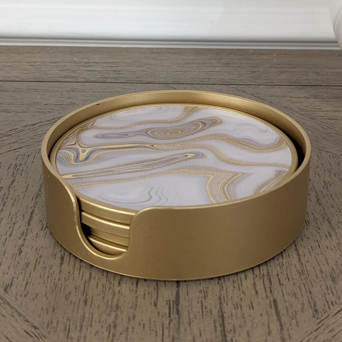 Gold Swirl Marble Effect Coasters with Gold Holder - Set of 4 - Image 2