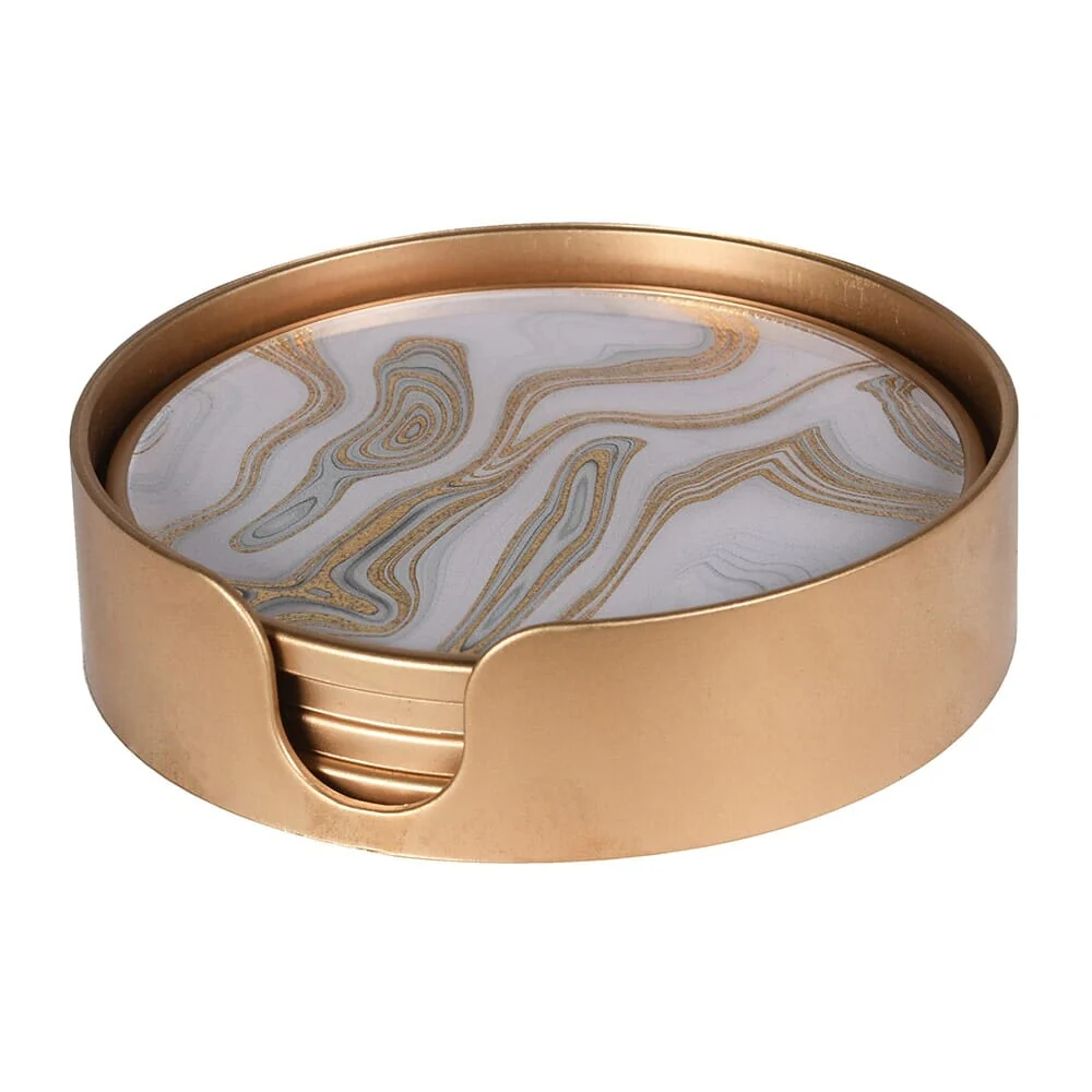 Gold Swirl Marble Effect Coasters with Gold Holder - Set of 4 - Image 4