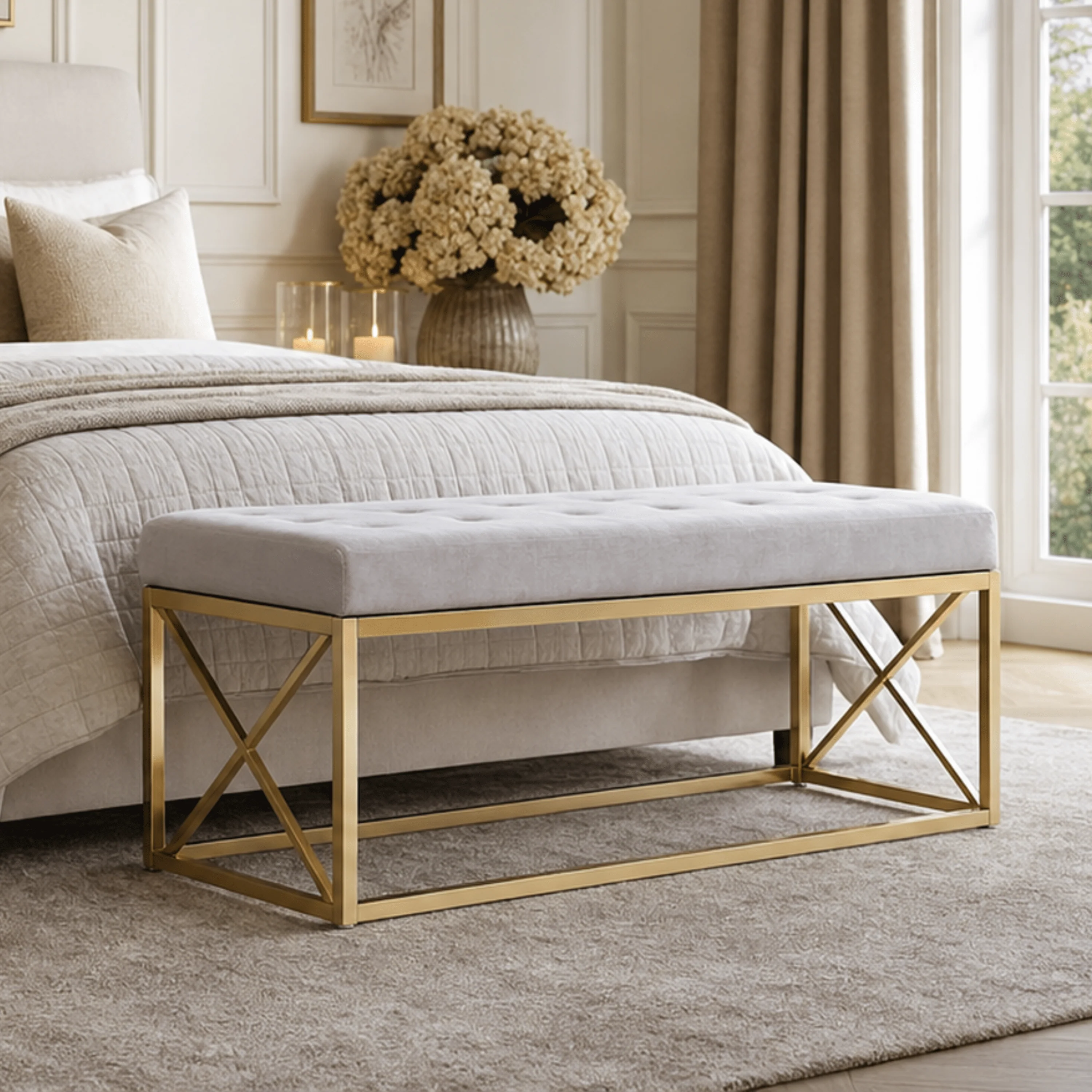 Harbour Mink Velvet Buttoned Bench with Gold Legs
