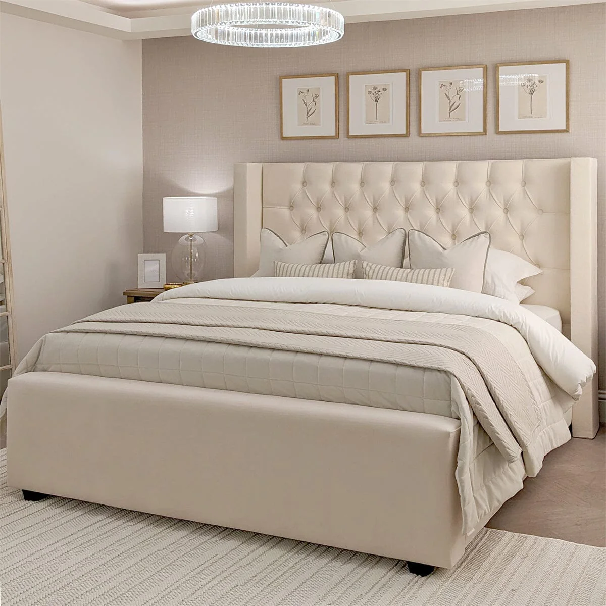 Harper Classic Luxury Beige Textured Buttoned Winged Chunky Bed