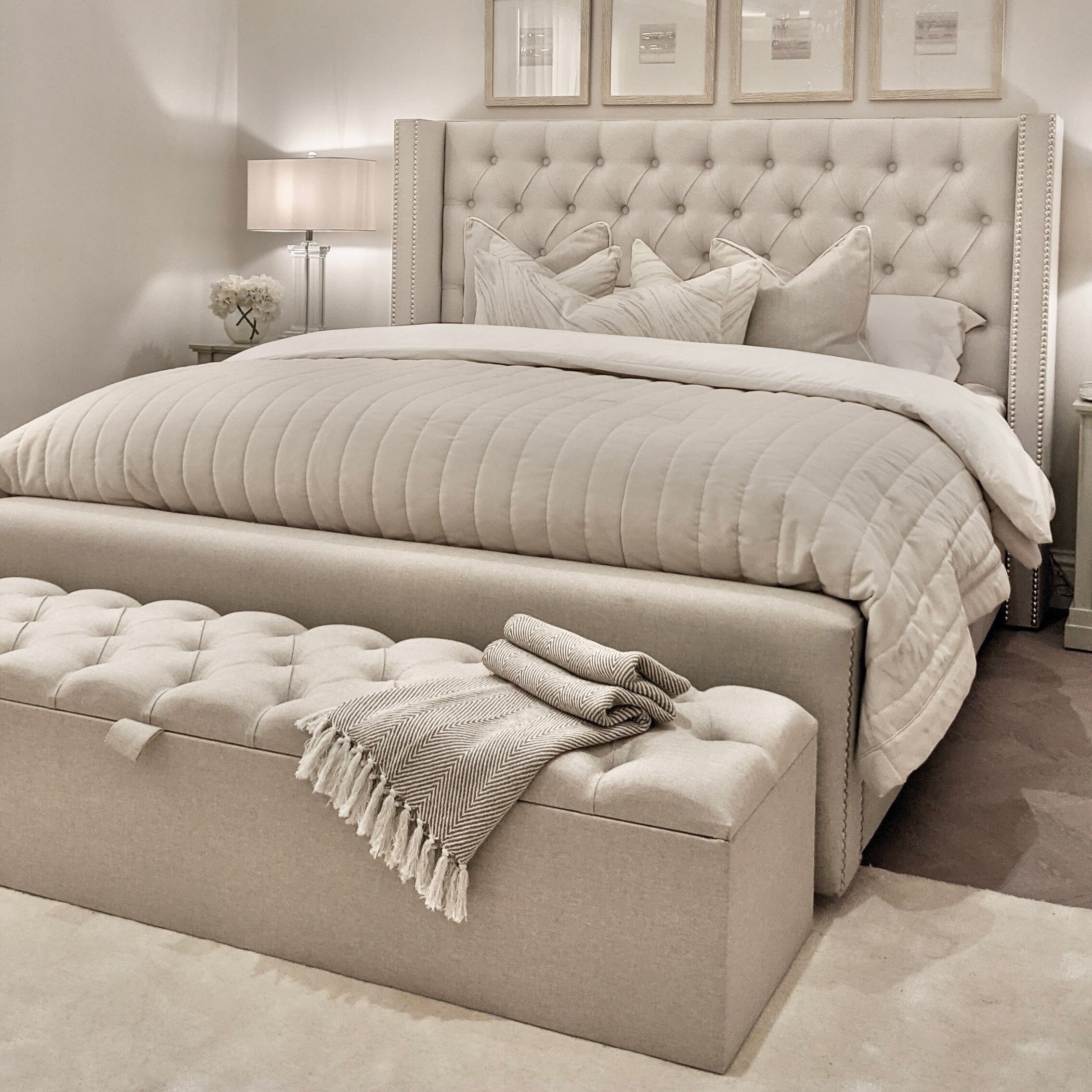 Harper Classic Luxury Grey Tweed Buttoned Silver Stud Wing Chunky Ottoman Storage Bed