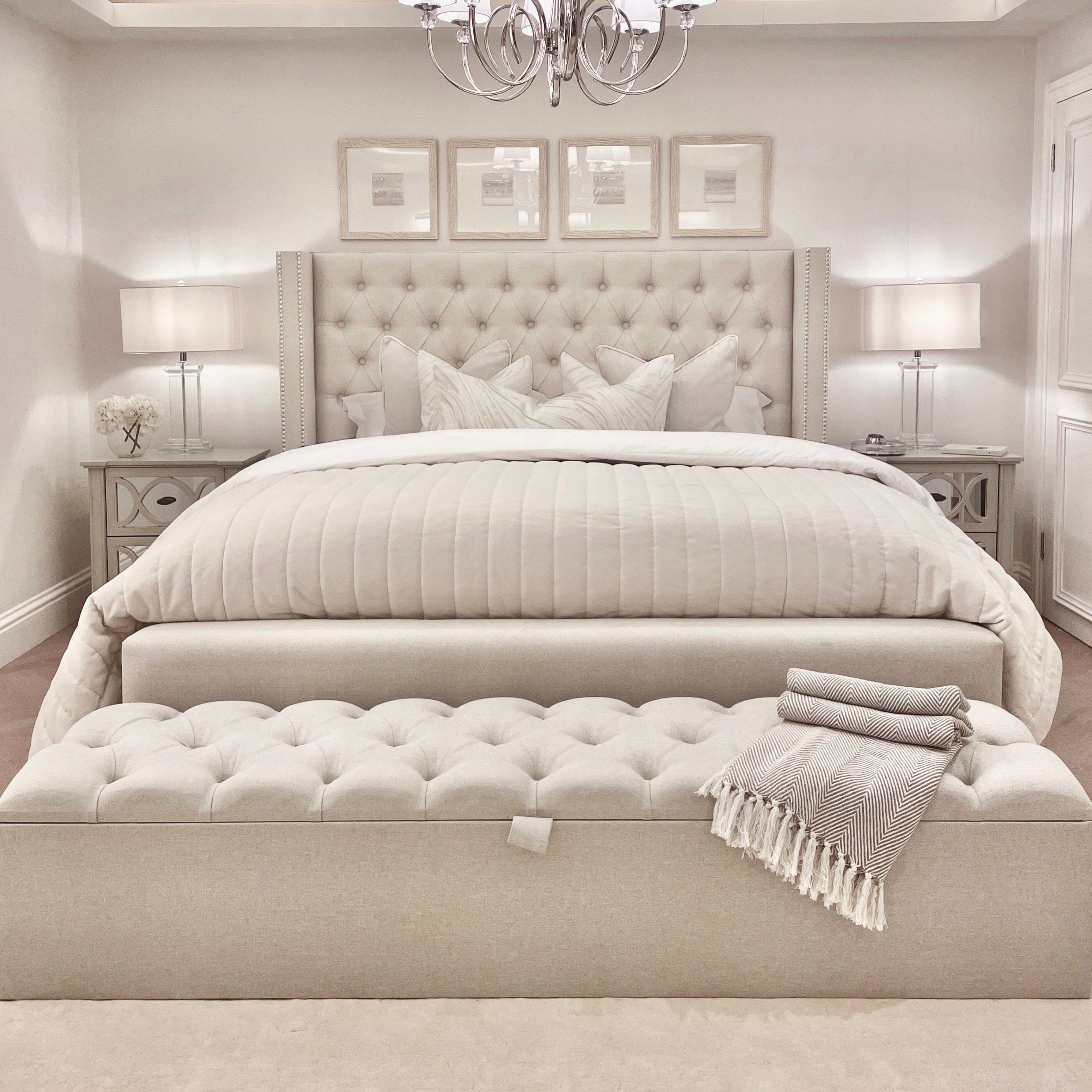 Harper Classic Luxury Grey Tweed Buttoned Silver Stud Wing Chunky Ottoman Storage Bed - Image 4