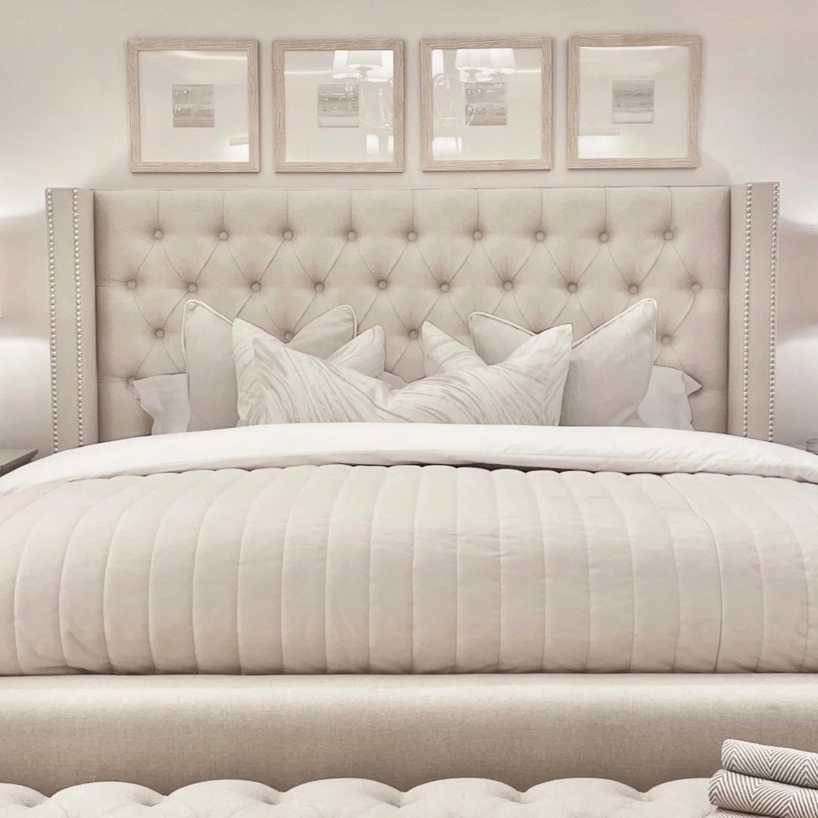 Harper Classic Luxury Grey Tweed Buttoned Silver Stud Wing Chunky Bed - Image 2