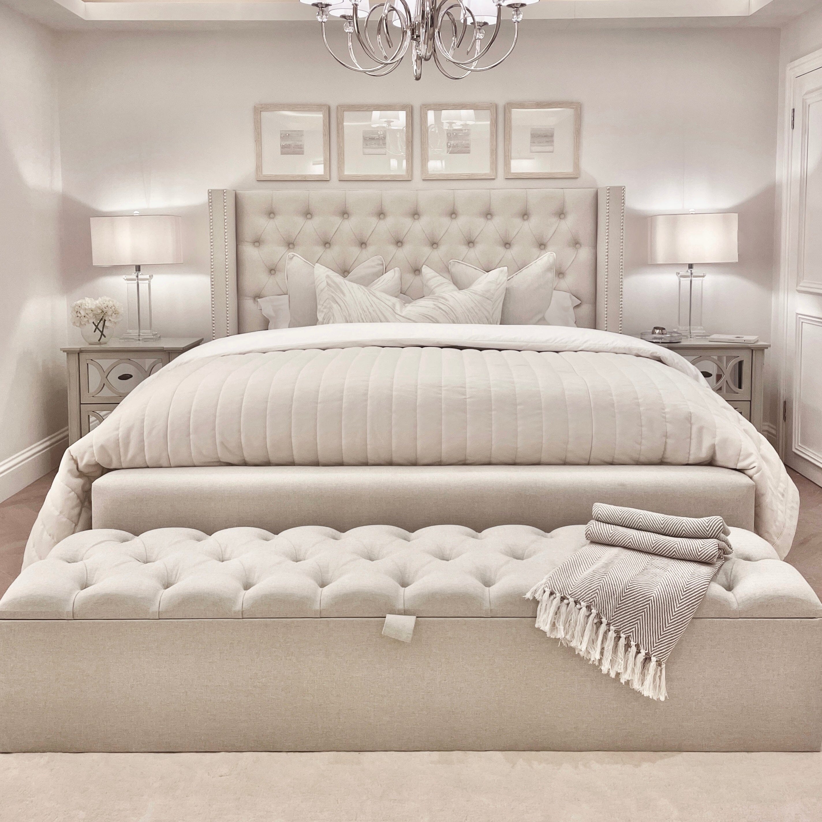 Harper Classic Luxury Grey Tweed Buttoned Silver Stud Wing Chunky Bed - Image 3