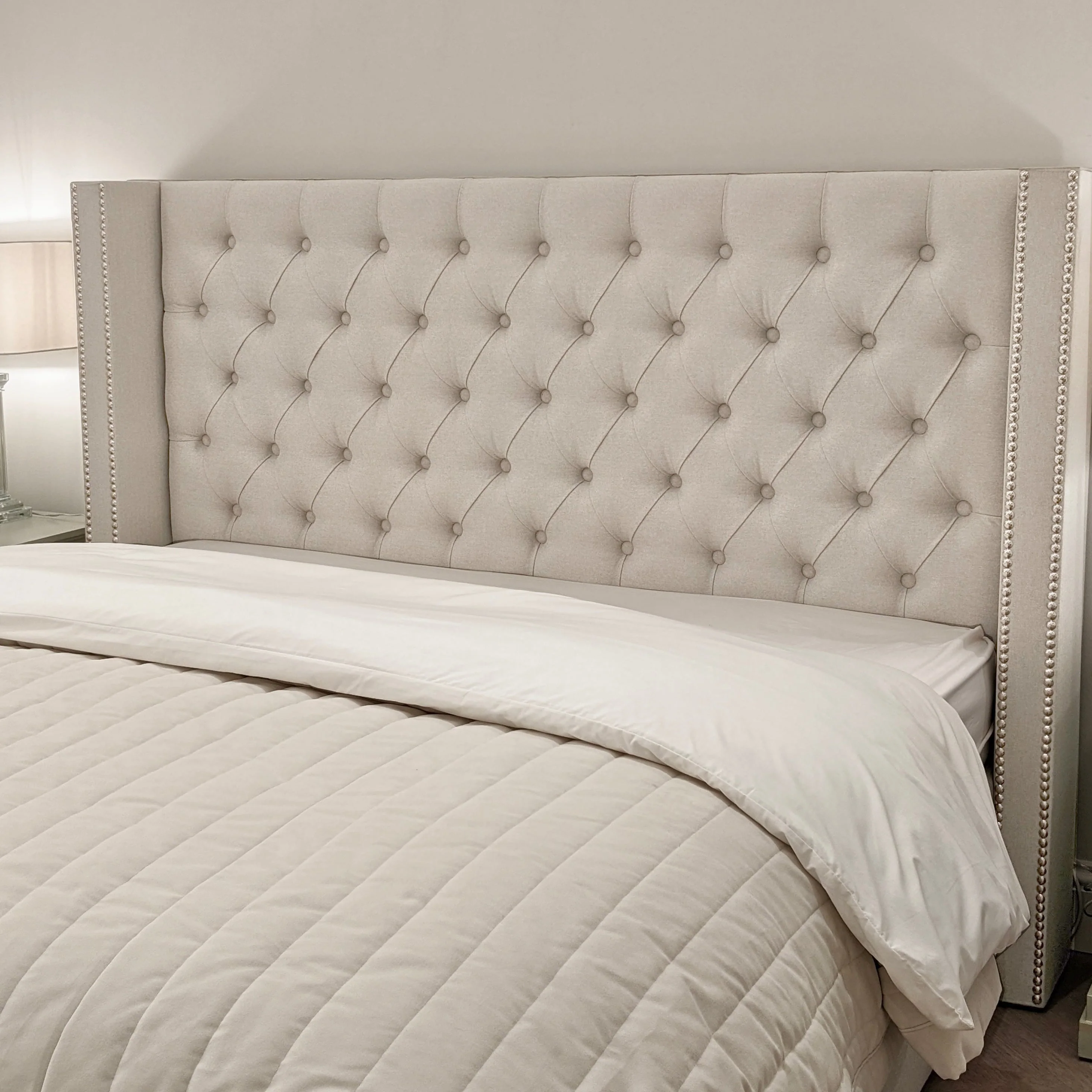 Harper Classic Luxury Grey Tweed Buttoned Silver Stud Wing Chunky Bed - Image 4