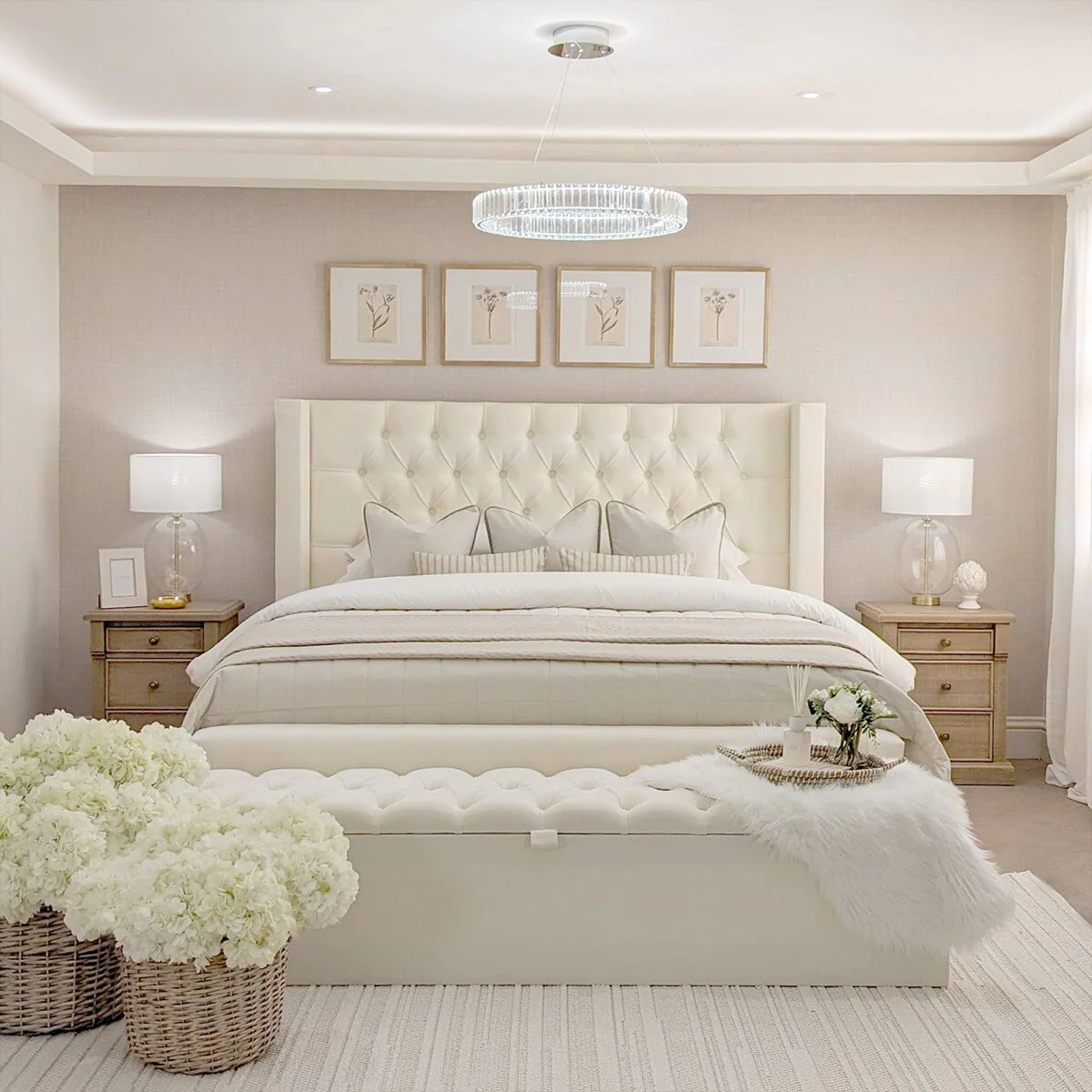 Harper Classic Luxury Ivory Textured Buttoned Winged Chunky Bed - Image 2