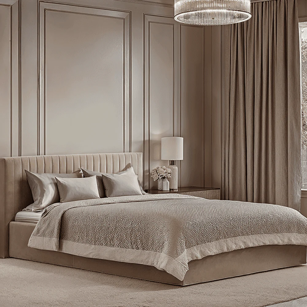 Harriet Low Beige Velvet Channelled Ottoman Bed
