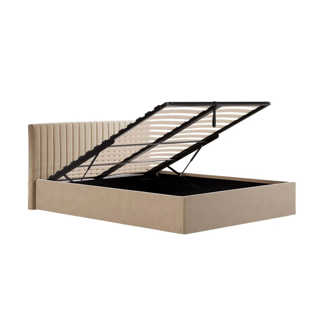 Harriet Low Beige Velvet Channelled Ottoman Bed - Image 5