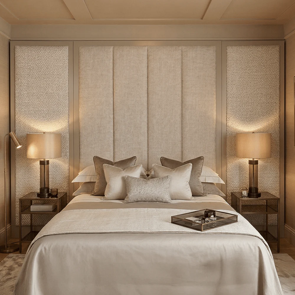 Harrington Almond Woven Channelled Headboard with Mid Taupe Frame & Cream & Beige Patterned Accent Wings