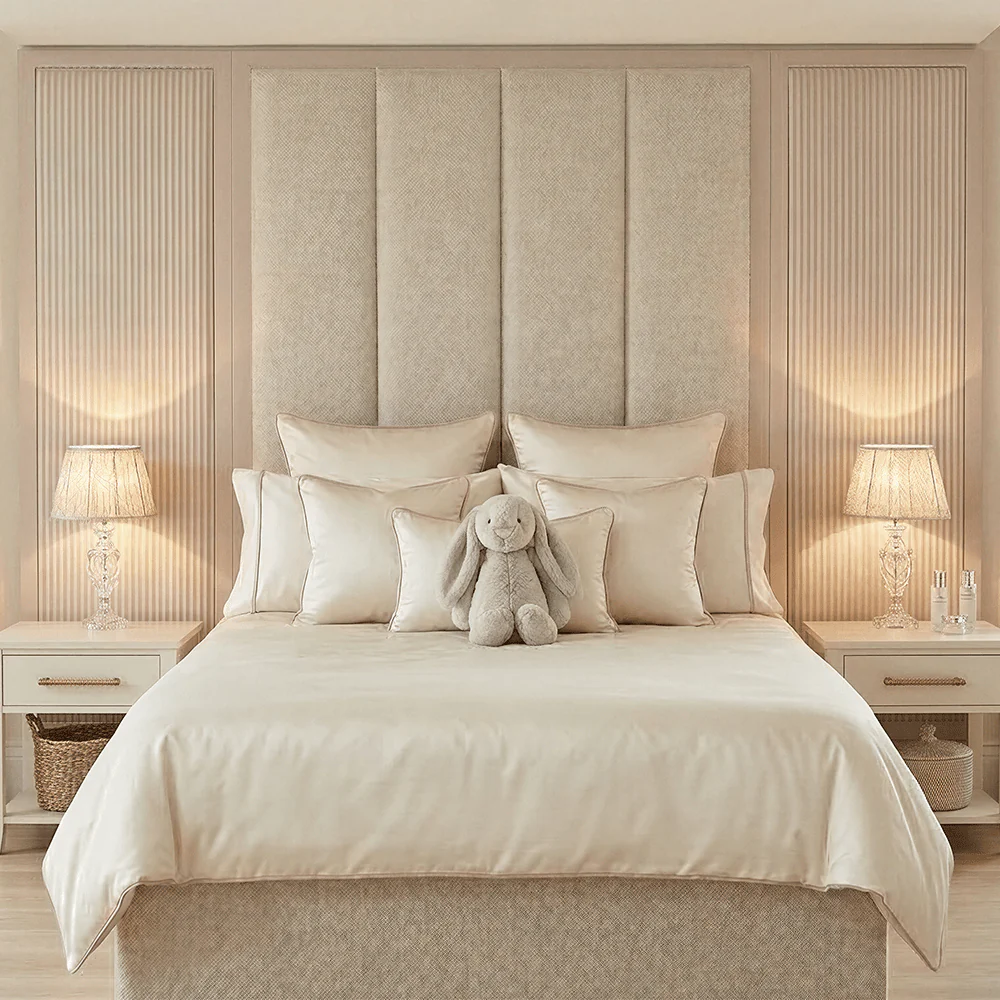 Harrington Almond Woven Channelled Headboard with Soft Pink Frame & Pink Stripe Accent Wings
