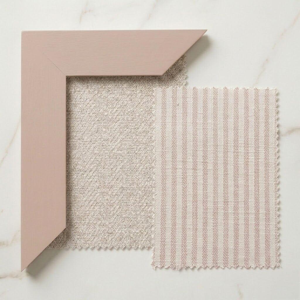 Harrington Almond Woven Channelled Headboard with Soft Pink Frame & Pink Stripe Accent Wings - Image 2