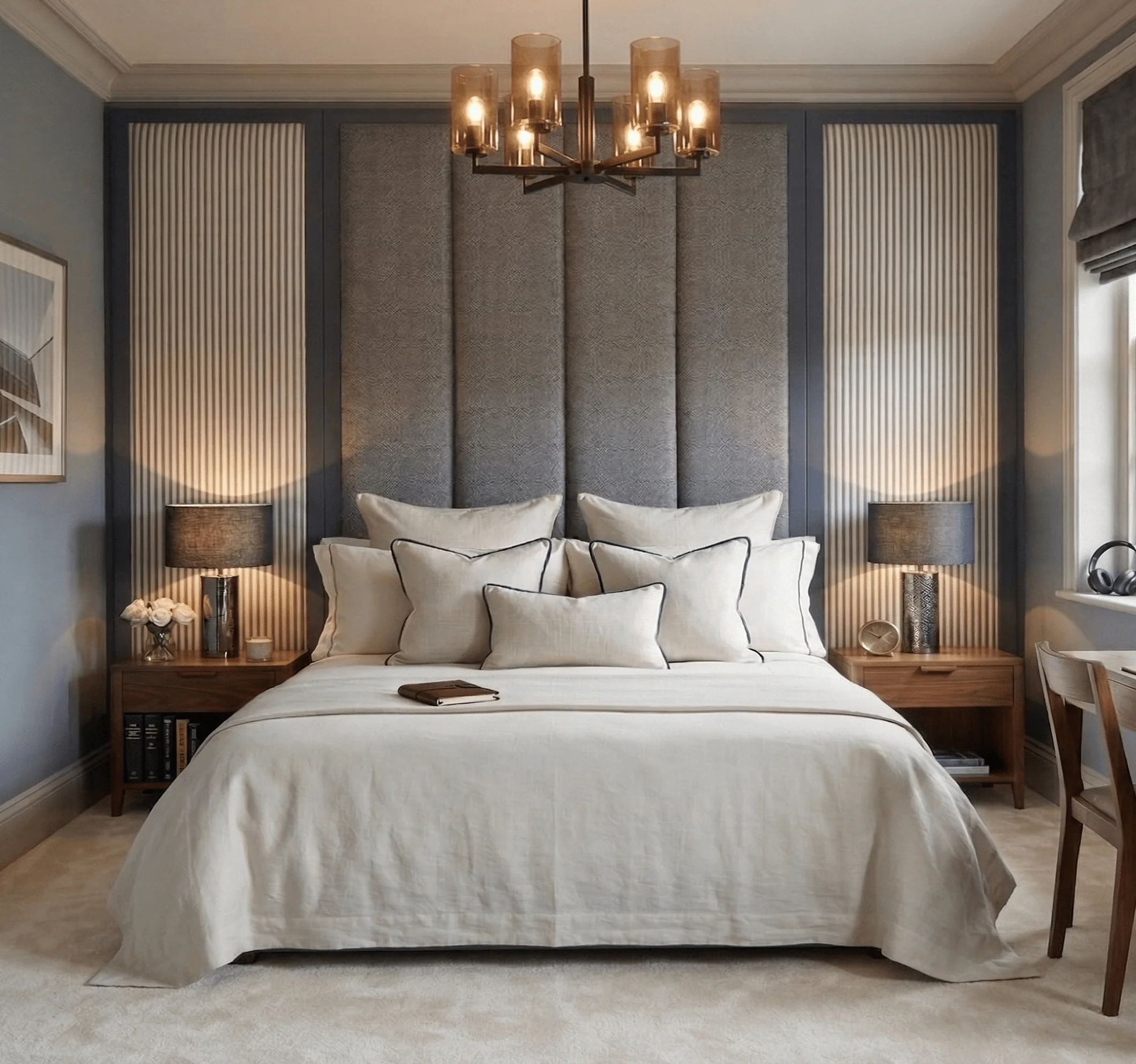 Harrington Graphite Woven Channelled Headboard with Petrol Frame & Blue Striped Accent Wings