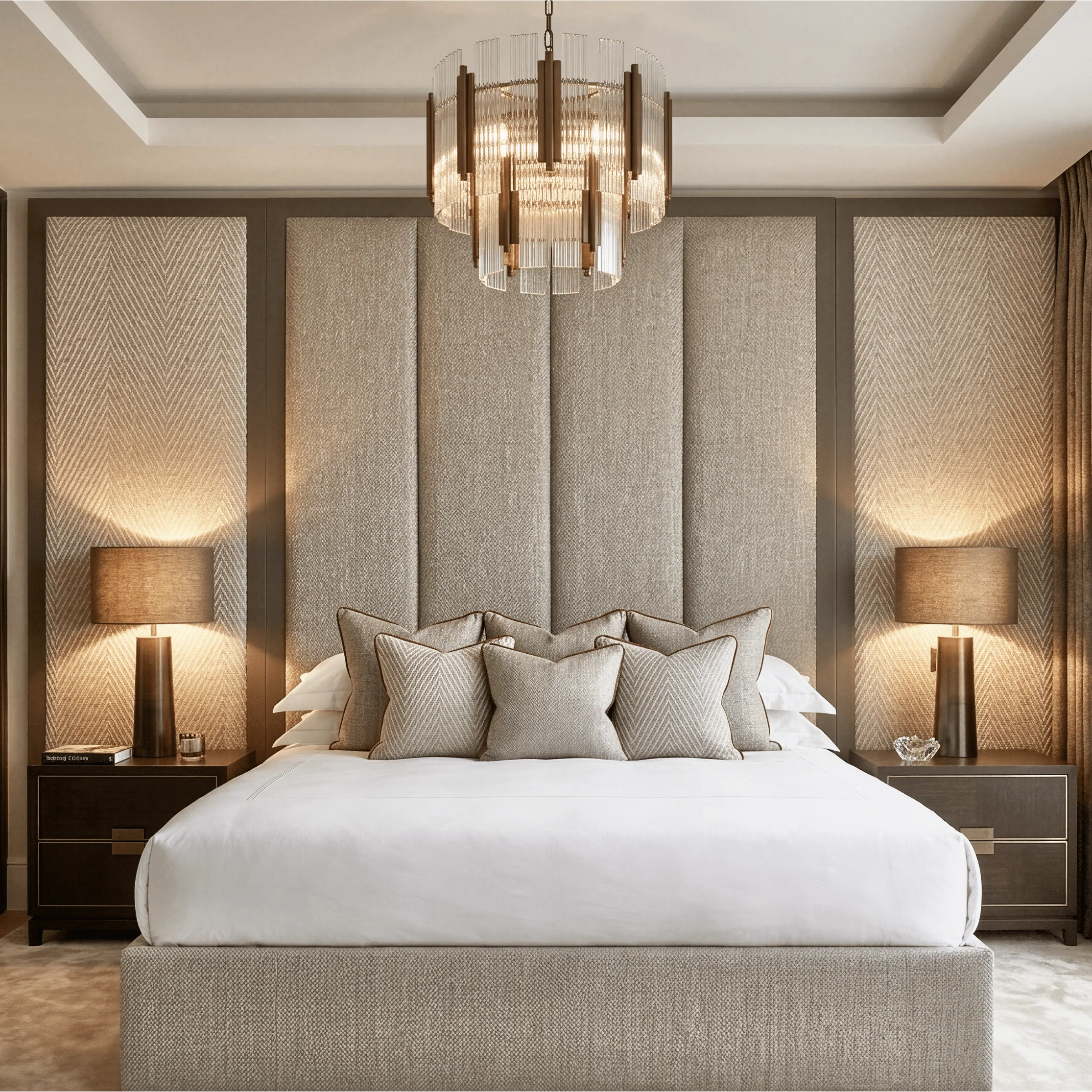 Harrington Pumice Woven Channelled Headboard with Dark Taupe Frame & Cream Chevron Accent Wings