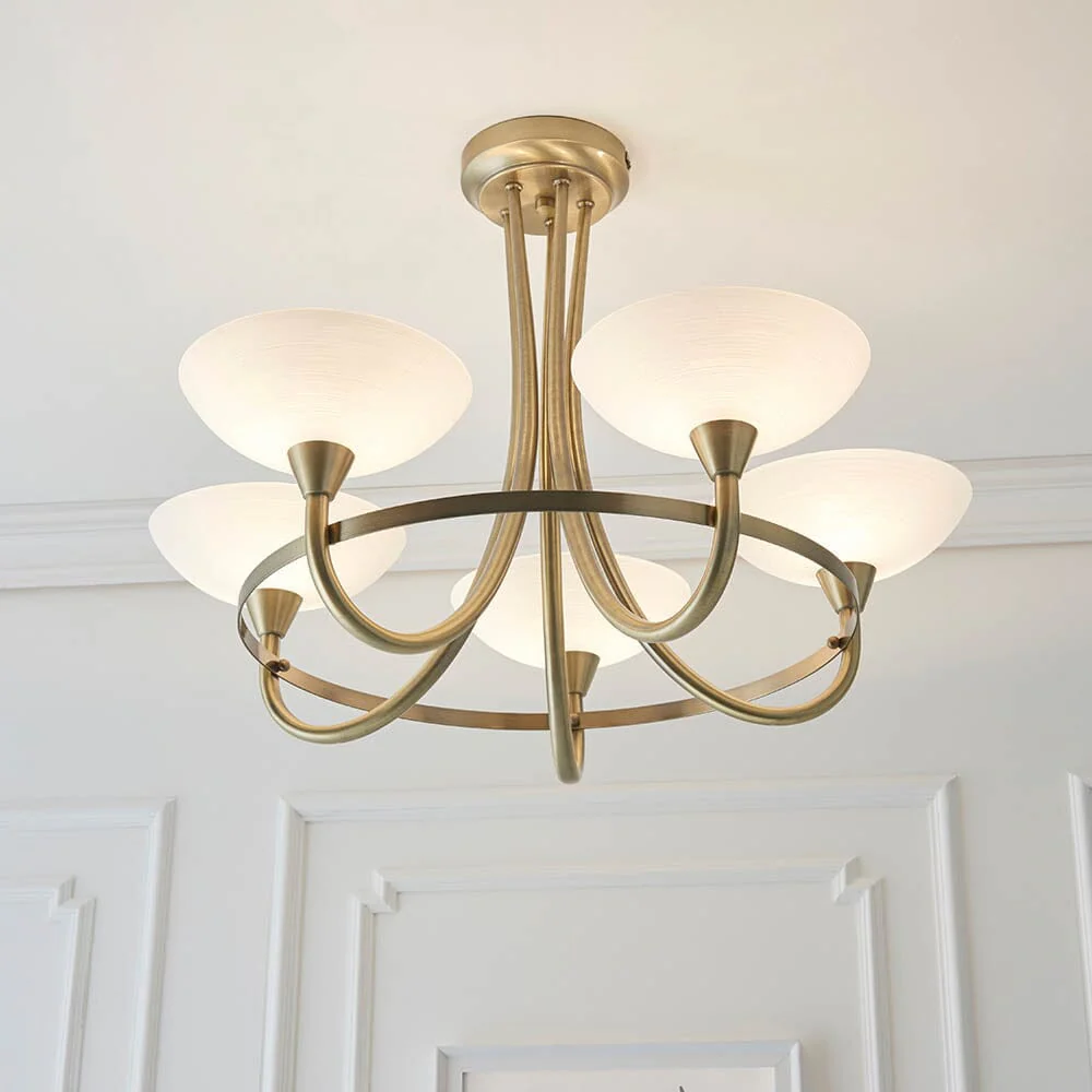 Harrogate Antique Brass 5 Light Semi Flush Ceiling Light - Image 2