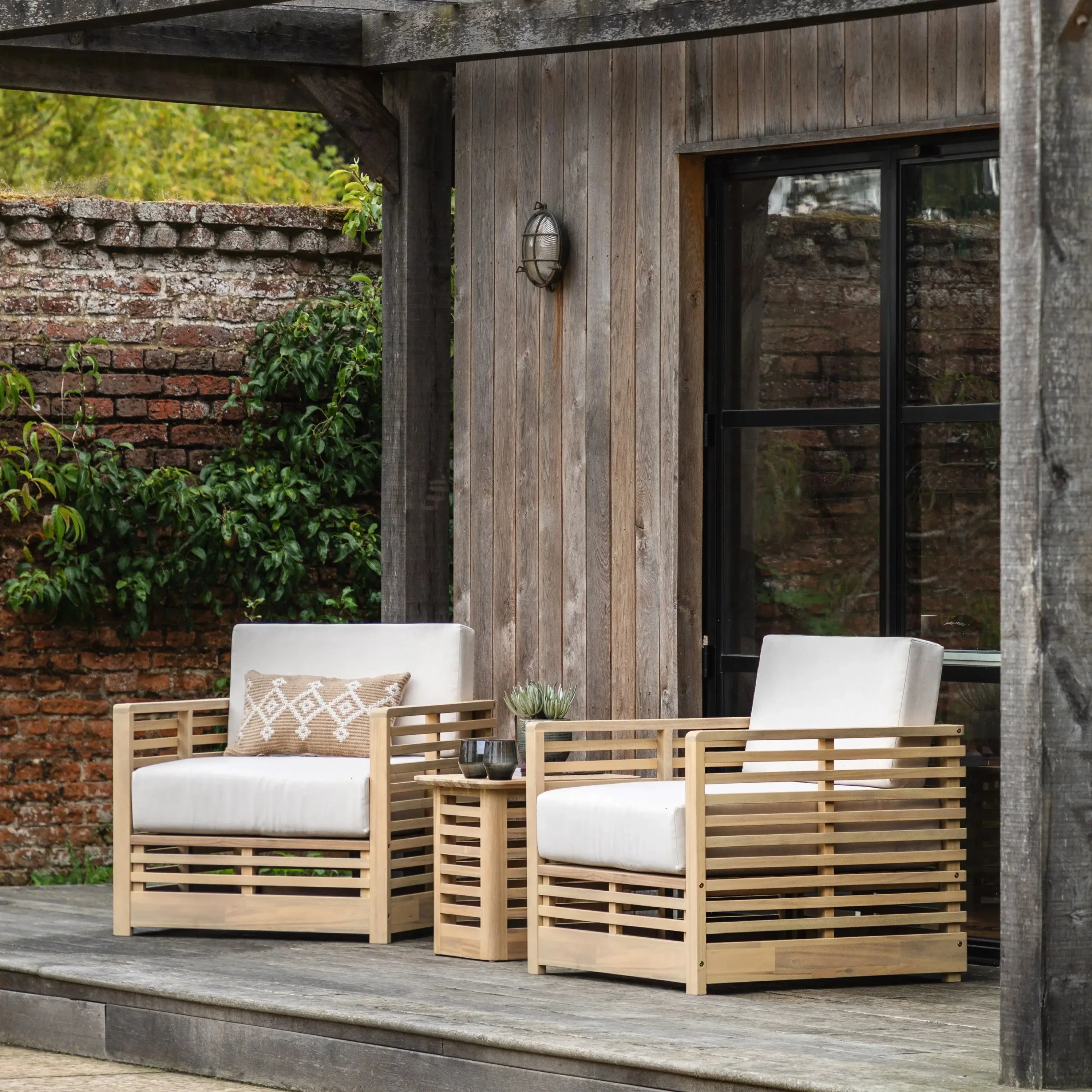 Havana Outdoor Cream & Lightwash Acacia Wood 2 Chair Lounge Set - Image 3